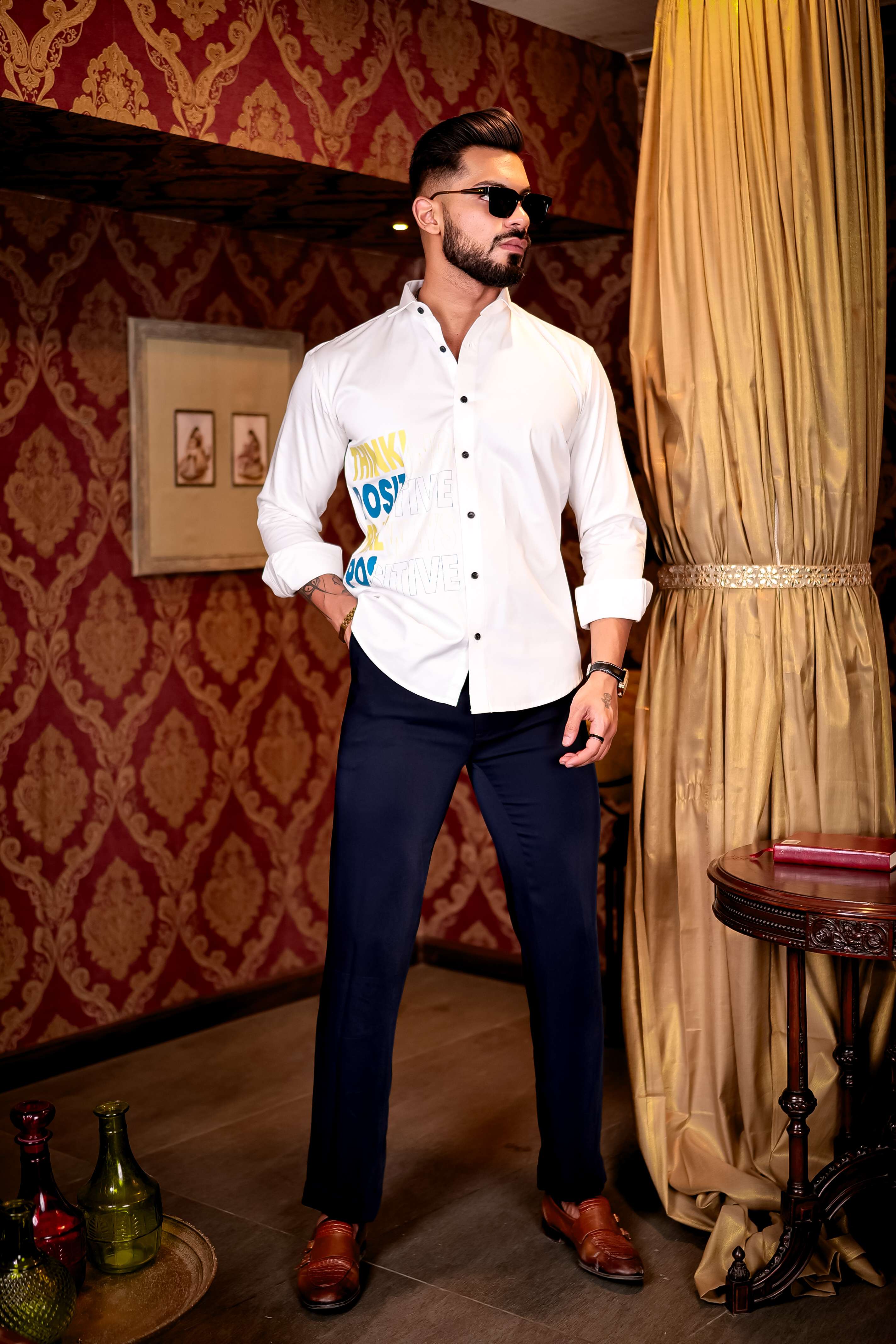 White Think Positive Be Always Positive Club Wear Printed Satin Cotton Shirt - Image 5