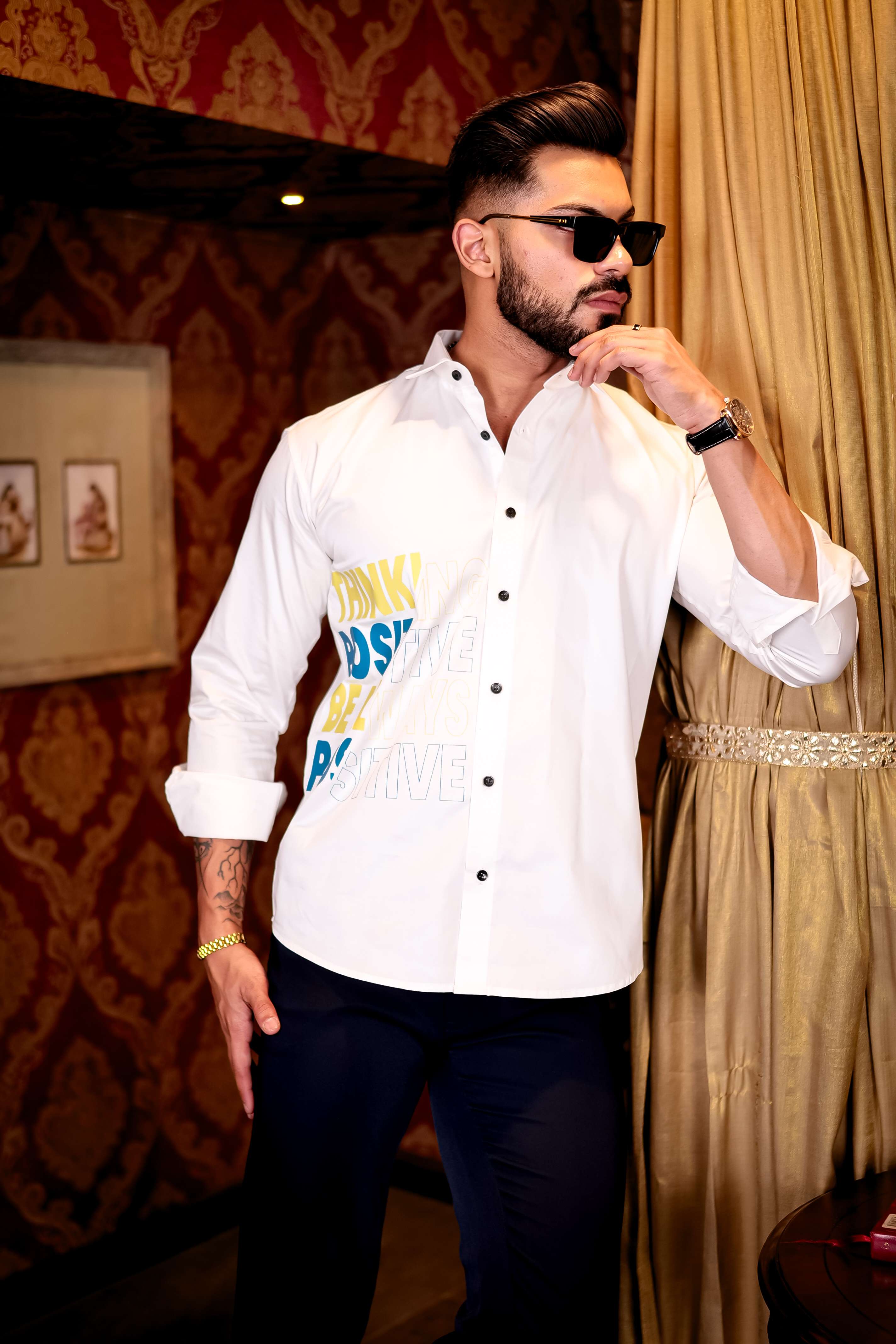 White Think Positive Be Always Positive Club Wear Printed Satin Cotton Shirt - Image 8
