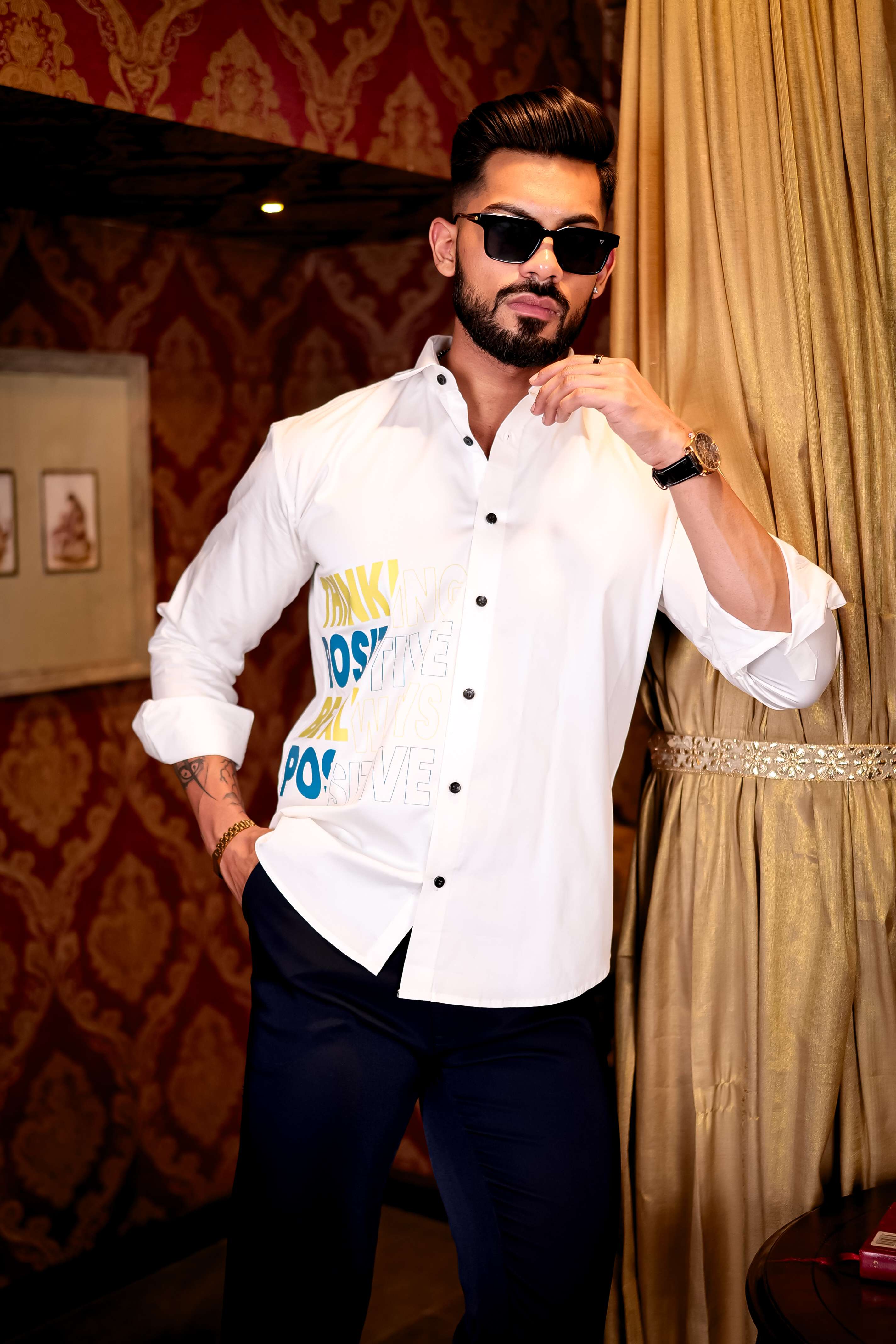 White Think Positive Be Always Positive Club Wear Printed Satin Cotton Shirt - Image 9