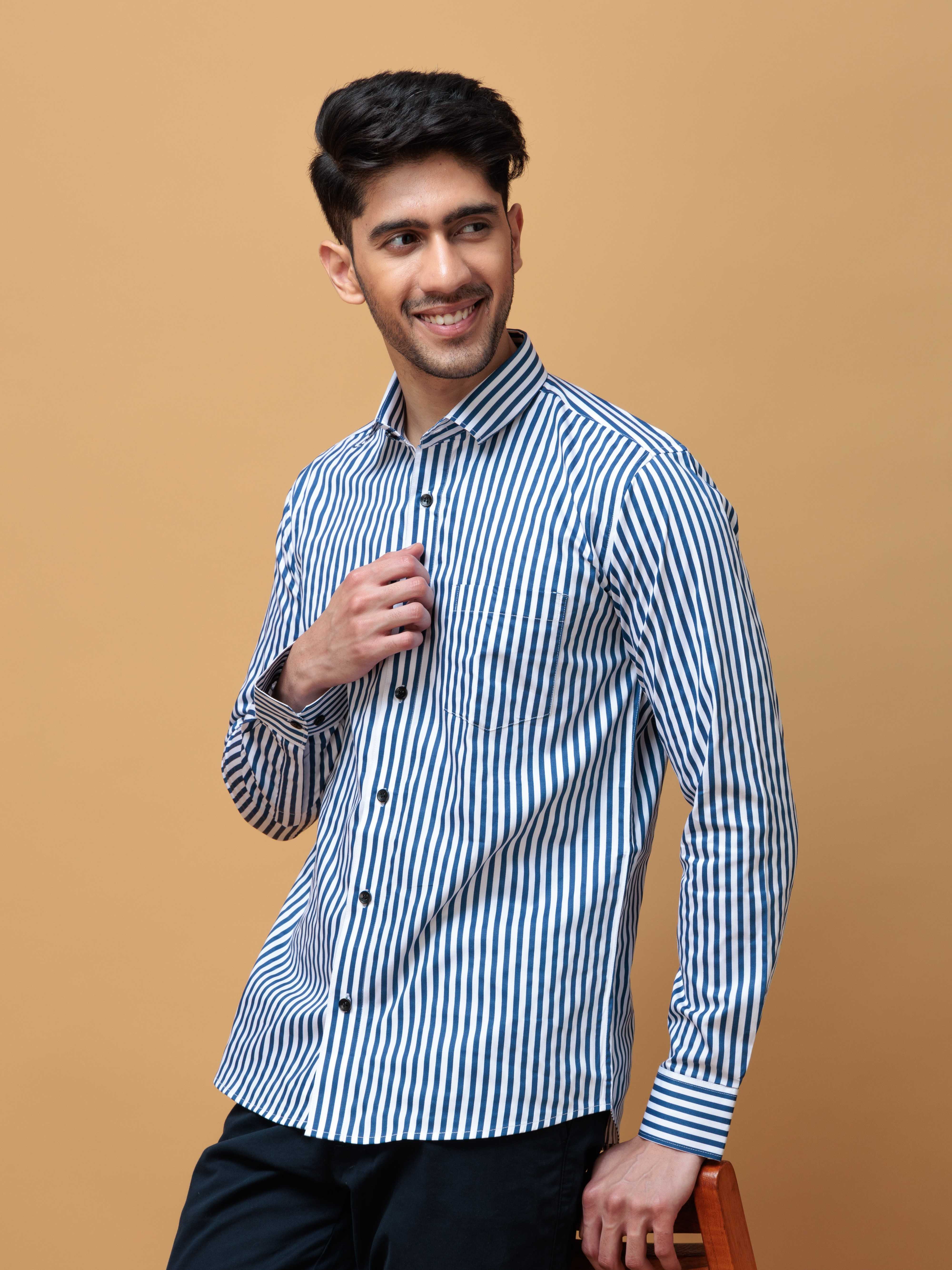 BLUE STRIPED COTTON REGULAR FIT MEN'S CASUAL SHIRT FOR MEN'S - Image 3