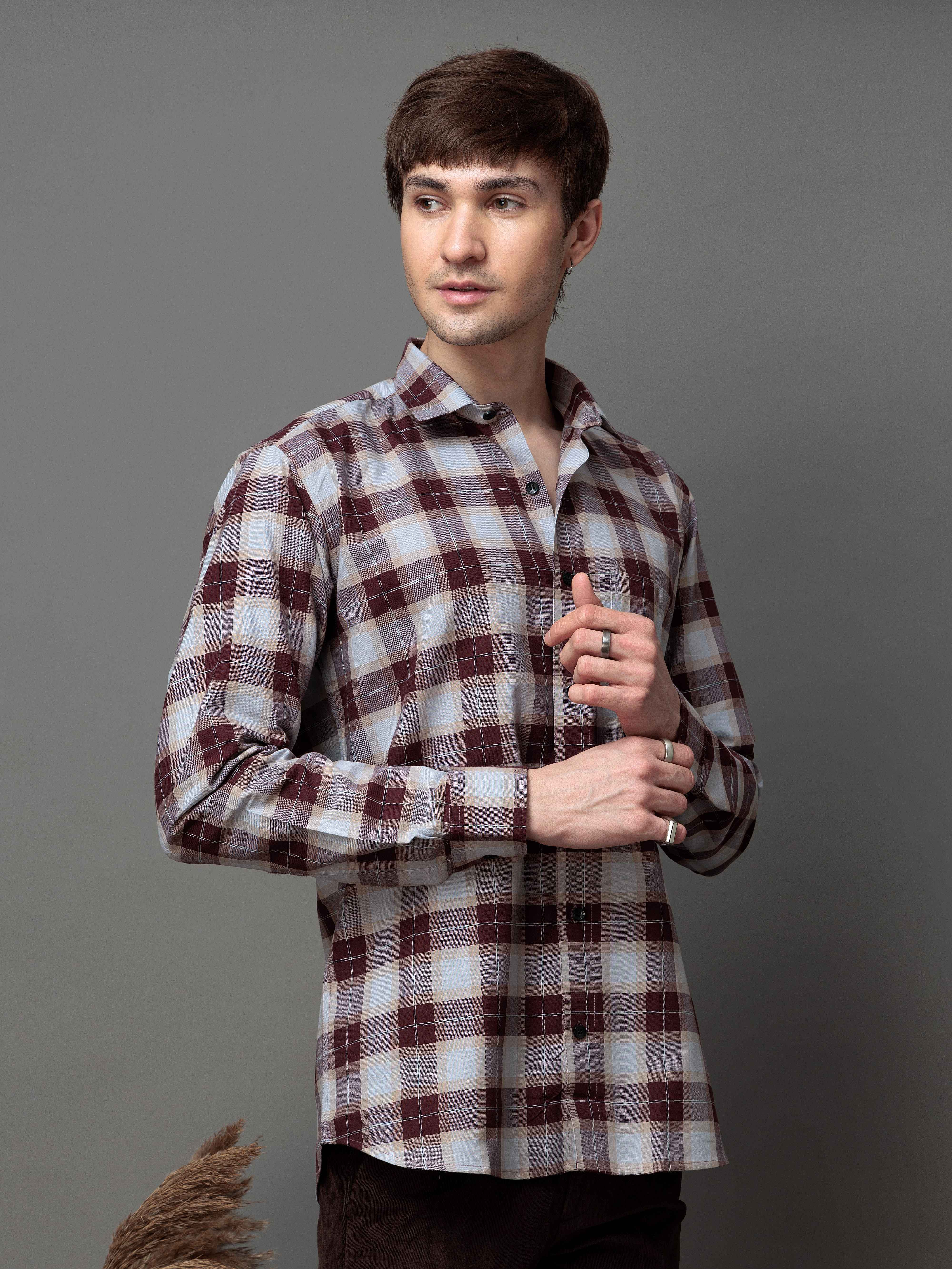 SQUARE WINE CHECKED COTTON CASUAL SHIRT FOR MEN'S - Image 3