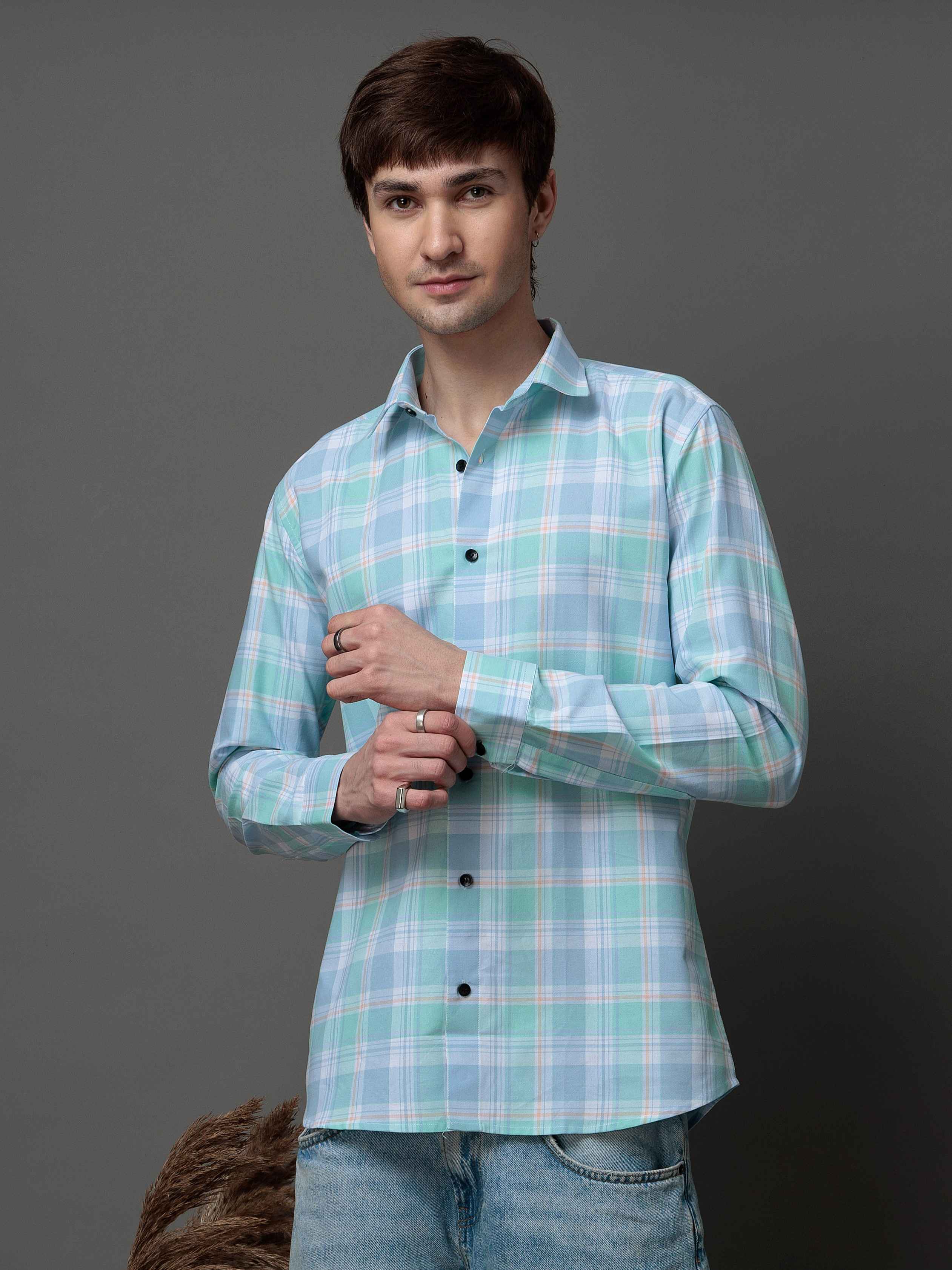 BOX CYAN CHECKED COTTON CASUAL SHIRT FOR MEN'S - Image 6