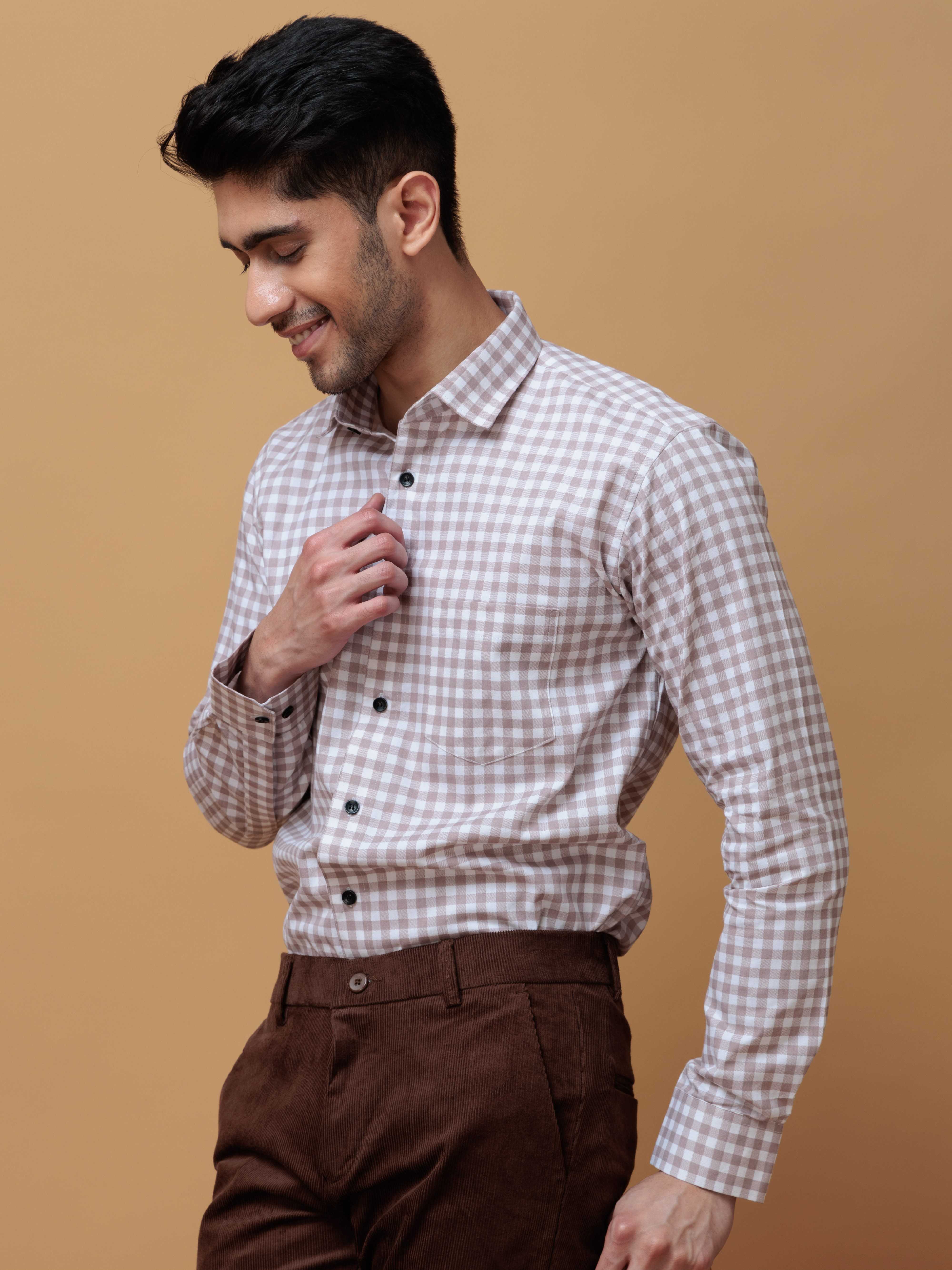 BROWN CHECKERD PRINTED COTTON CASUAL SHIRT FOR MEN'S - Image 7