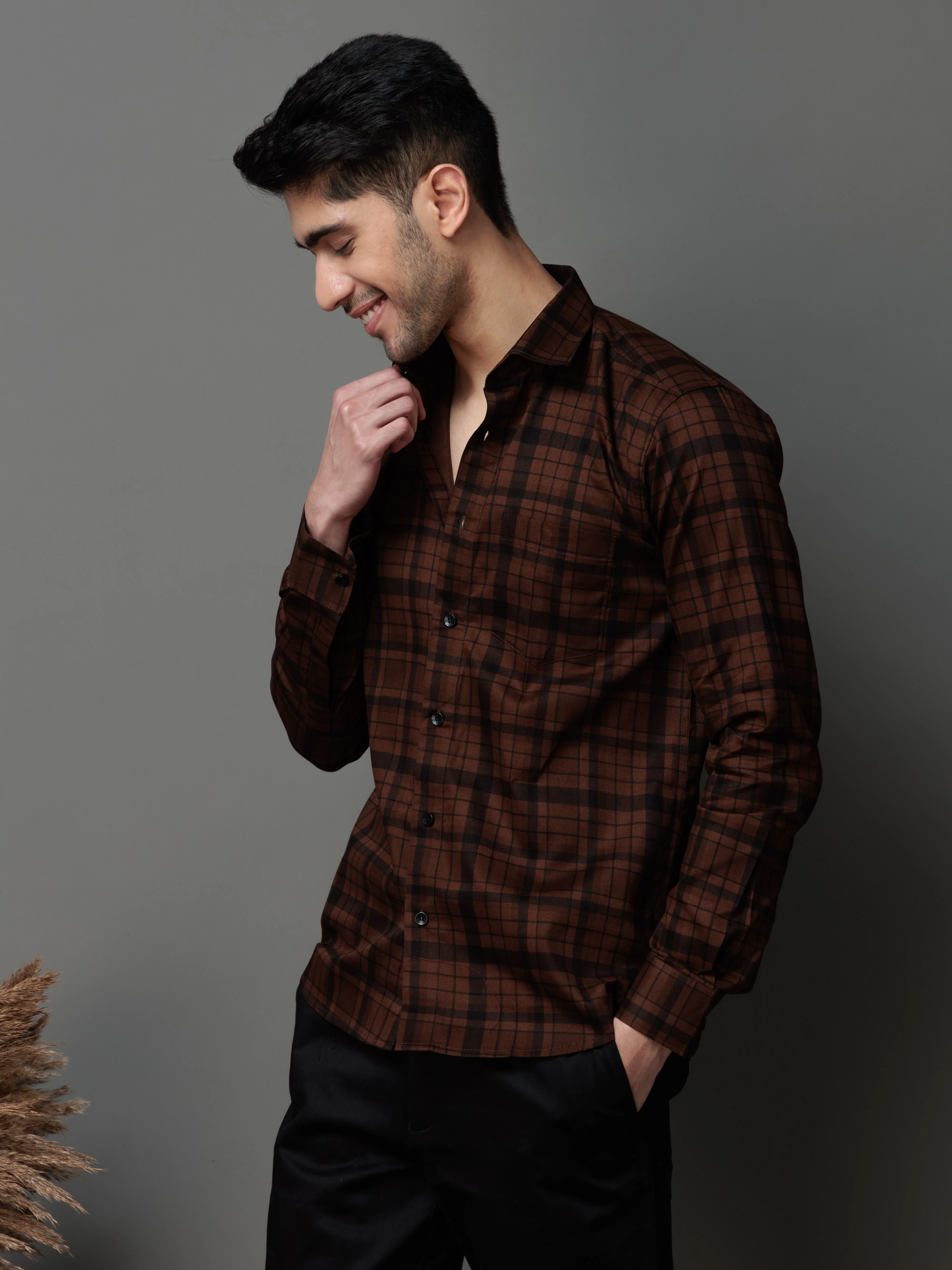 BROWN CHECKS PRINTED COTTON CASUAL SHIRT FOR MEN'S - Image 5