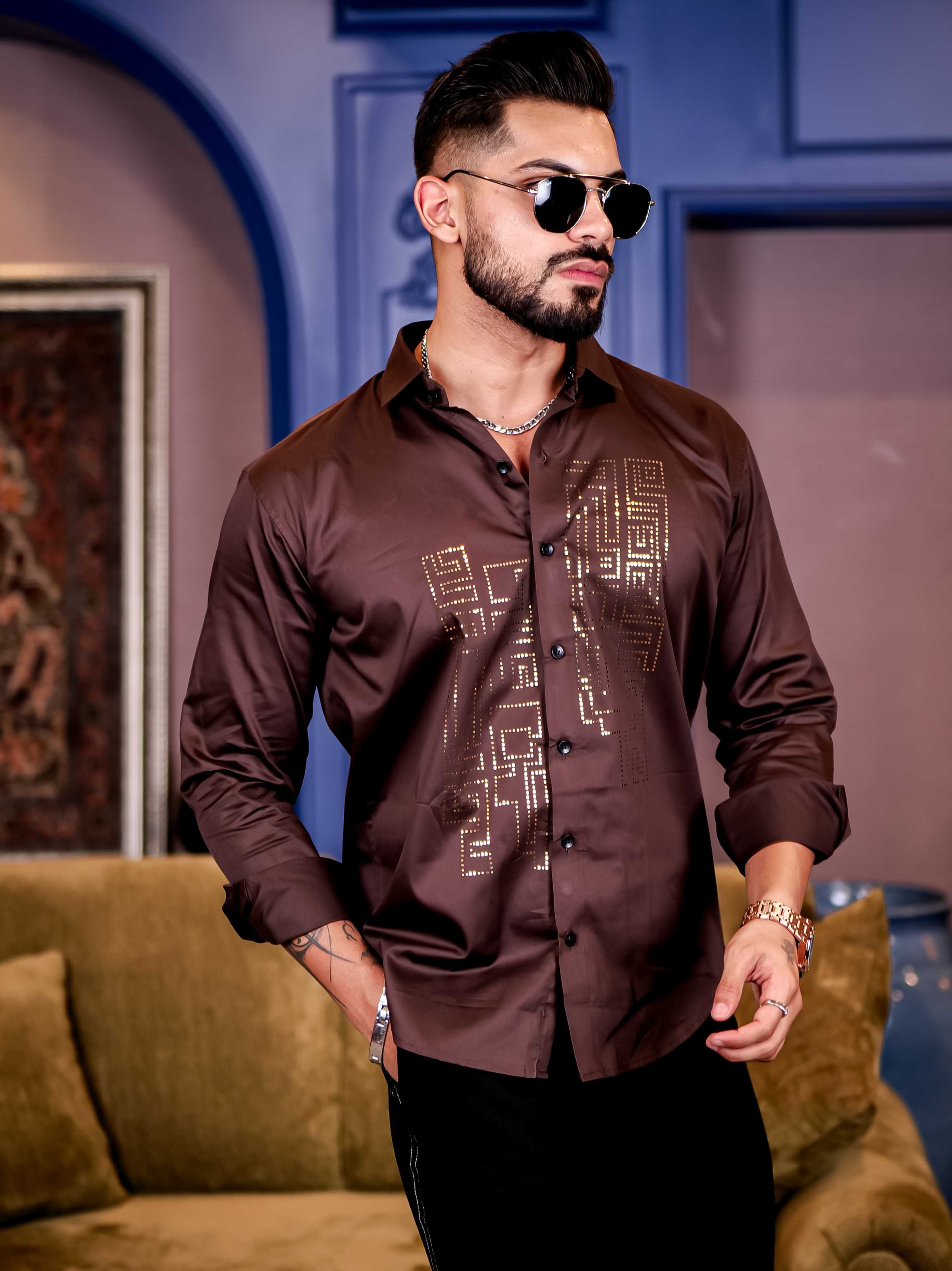 Brown Sequence Club Wear Satin Cotton Party Shirt - Image 6