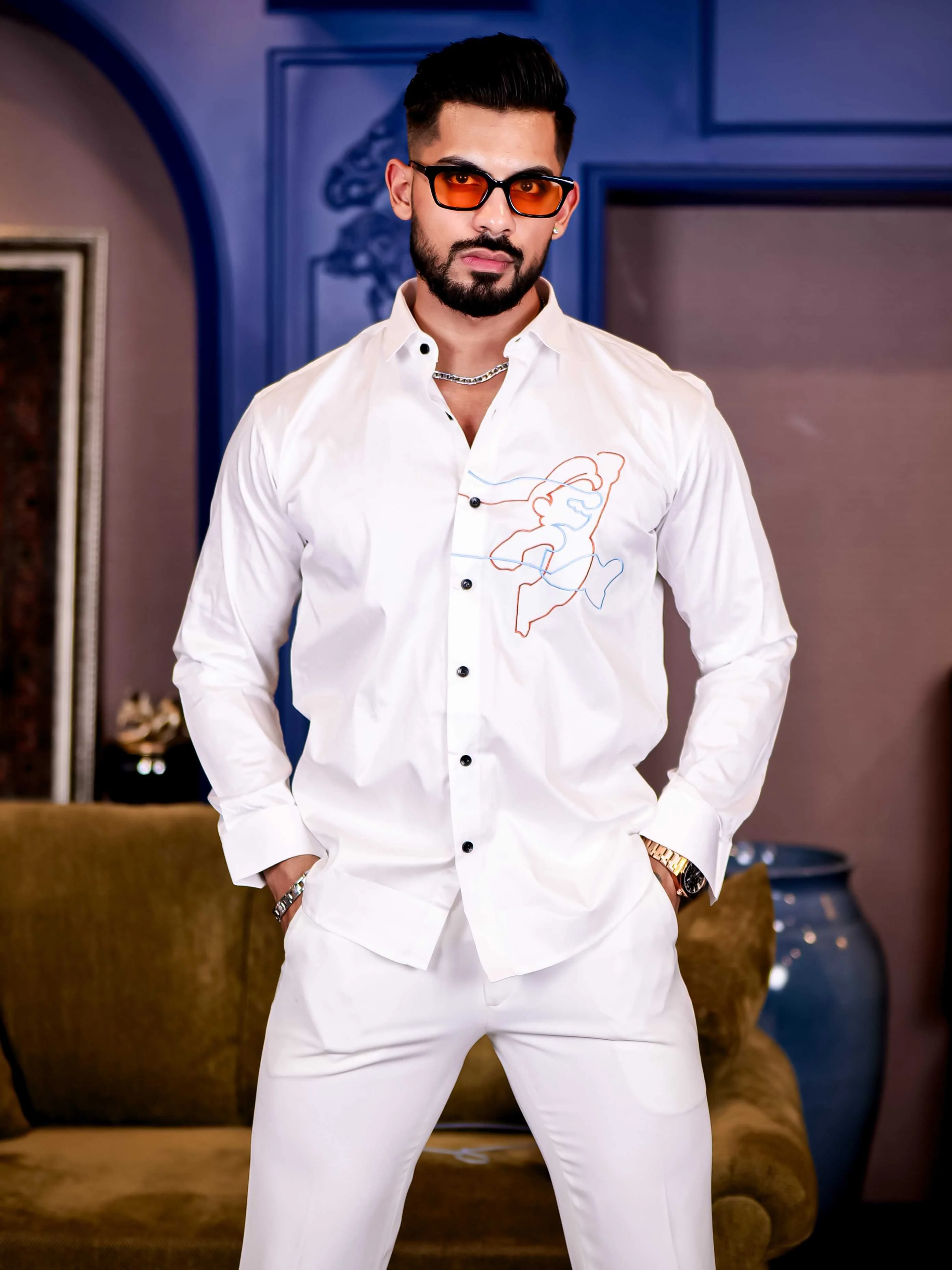 Cartoon White Embroidered Premium Cotton Shirt For Men - Image 3