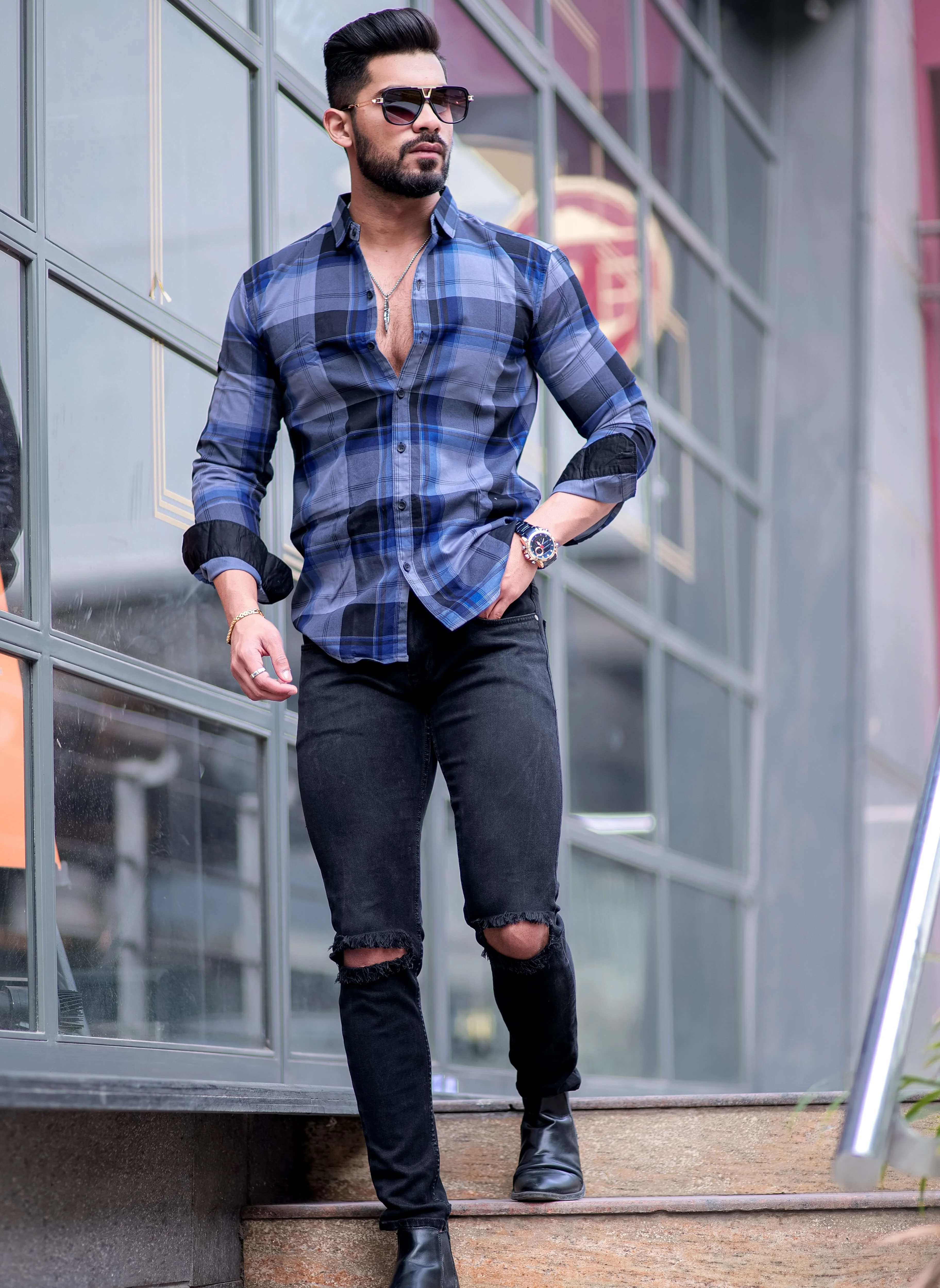 Vampire Blue Checkered Cotton Shirt - Image 5