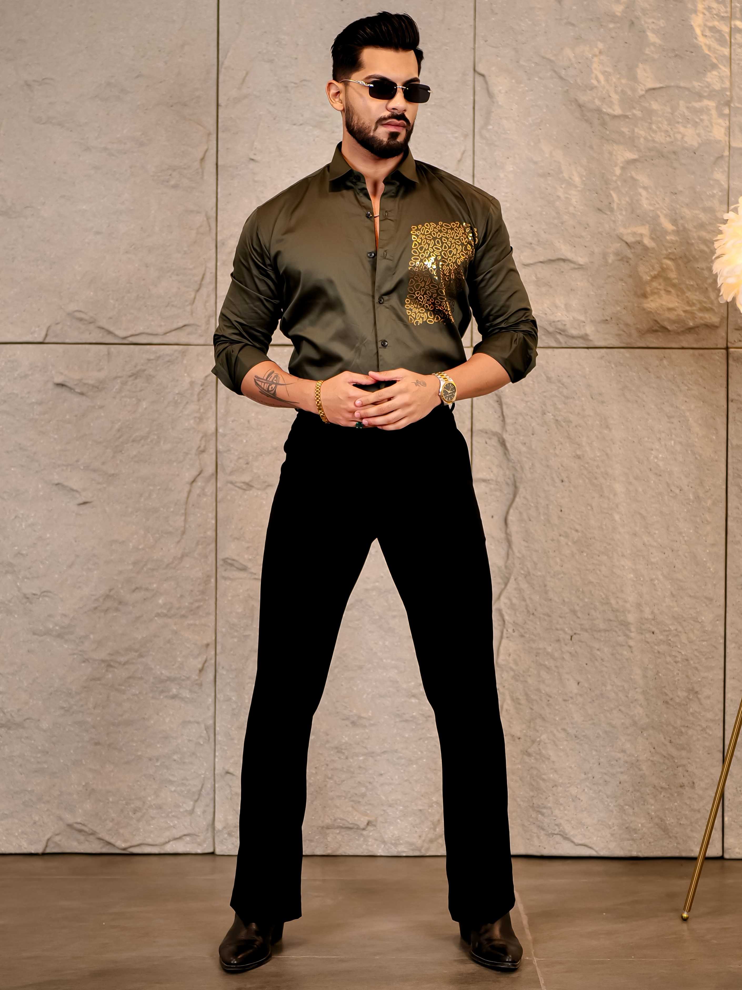 Cool Olive Green Sequence Club Wear Satin Cotton Party Shirt - Image 10