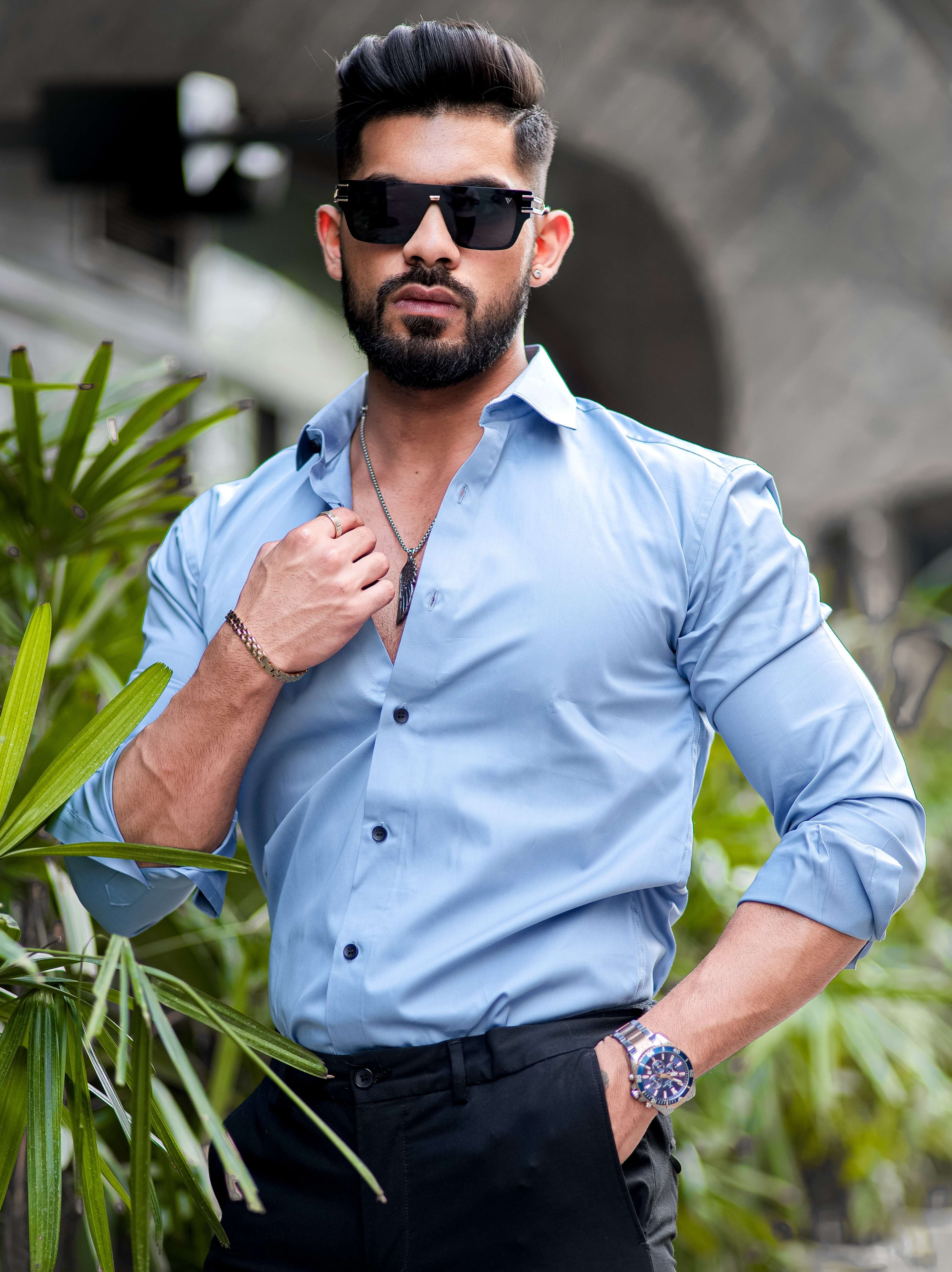 Formy Cloudy Blue Luxury Satin Cotton Shirt For Men's - Image 5