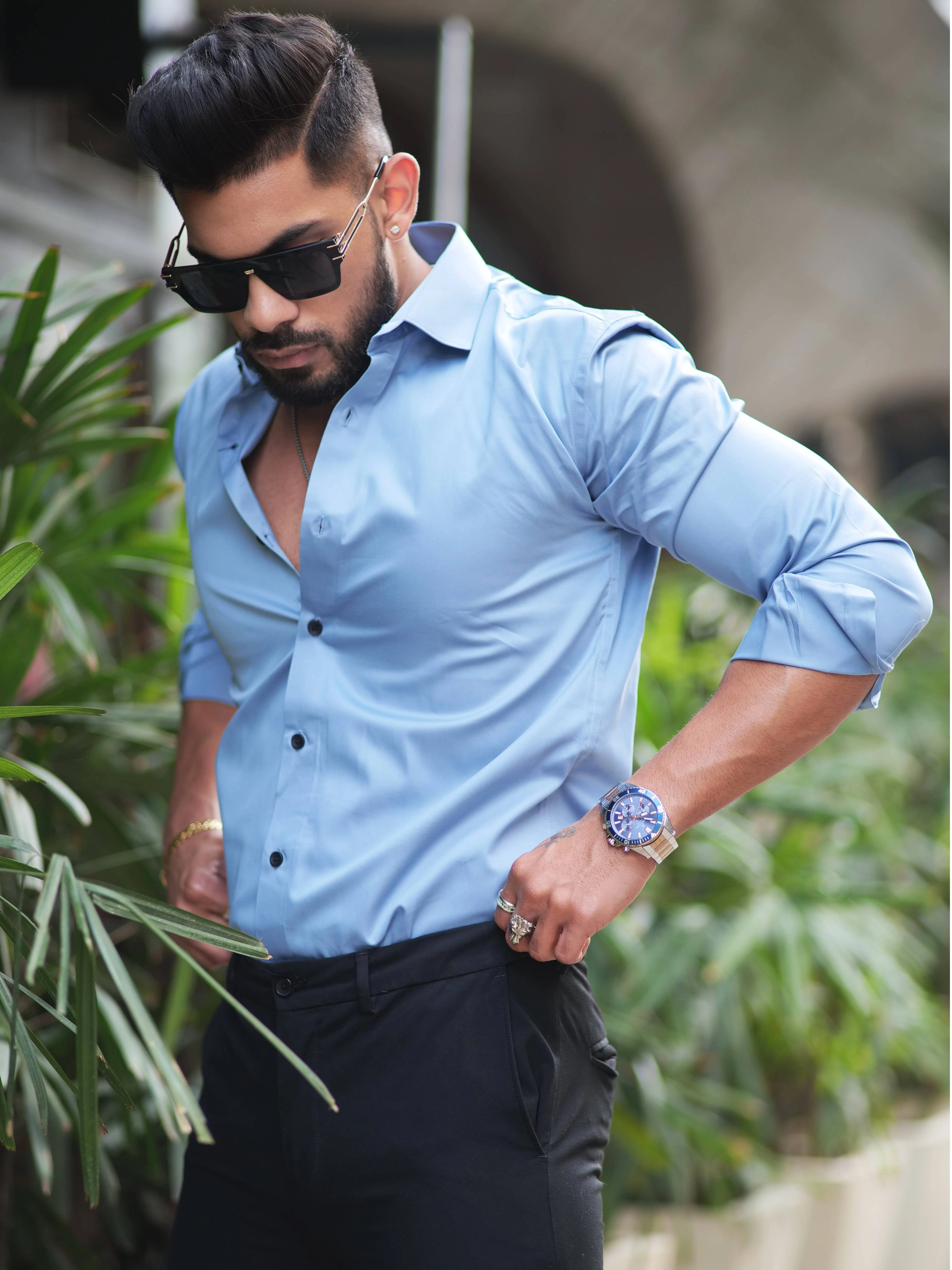 Formy Cloudy Blue Luxury Satin Cotton Shirt For Men's - Image 6