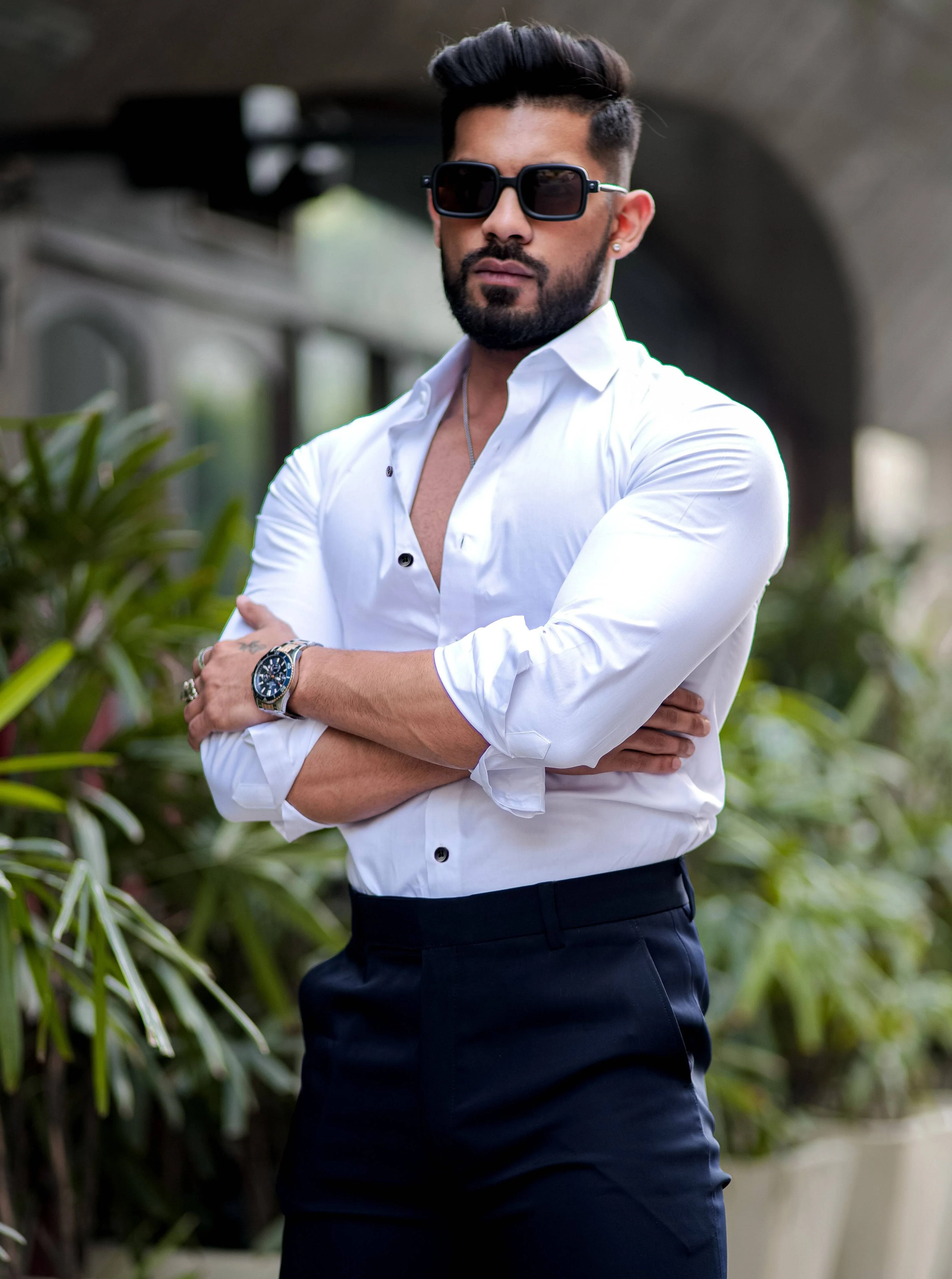 Formy White Smoke Luxury Black Button Satin Shirt For Men's - Image 5