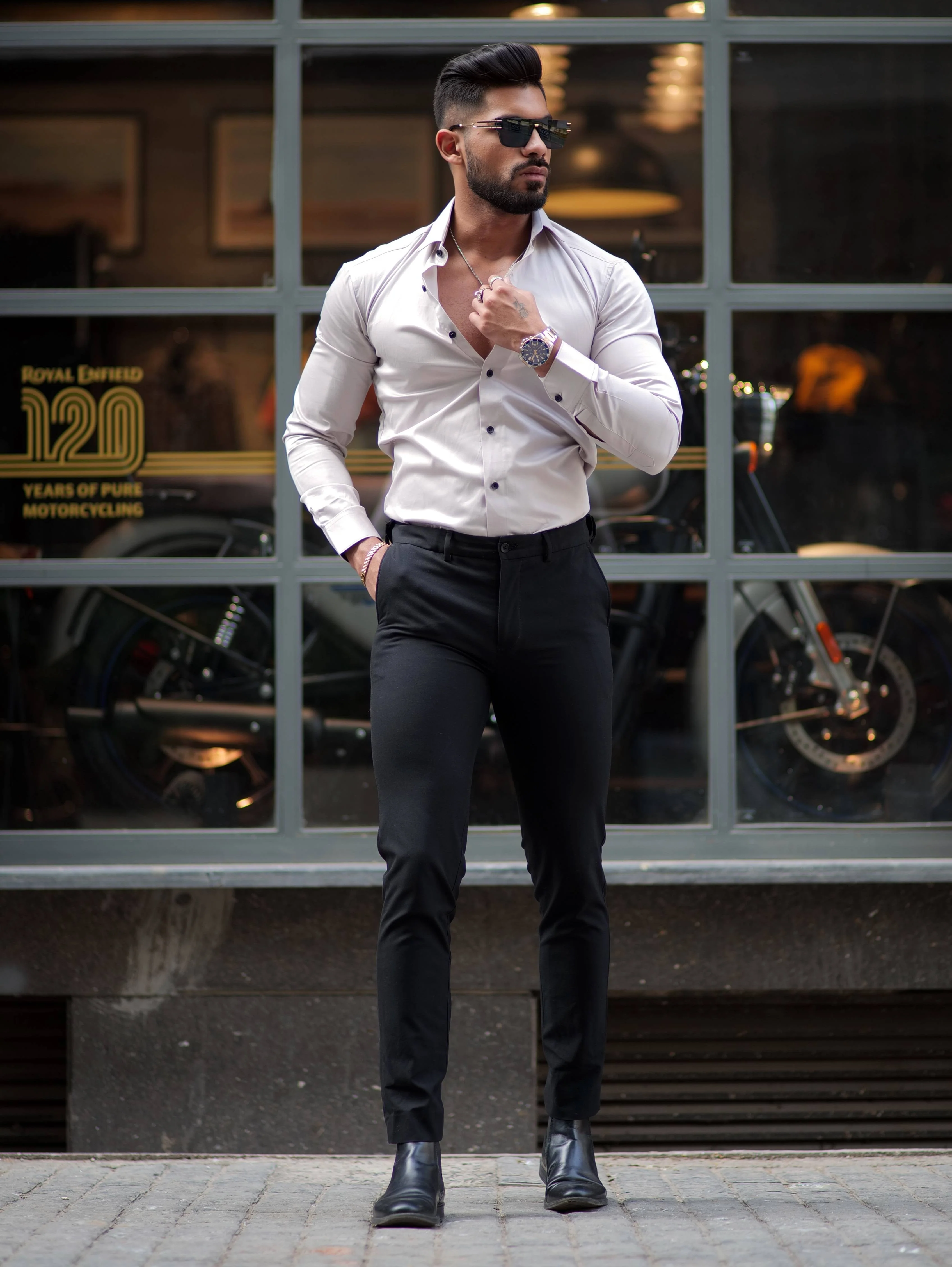 Formy Grey Luxury Formal Satin Cotton Shirt For Men's - Image 3