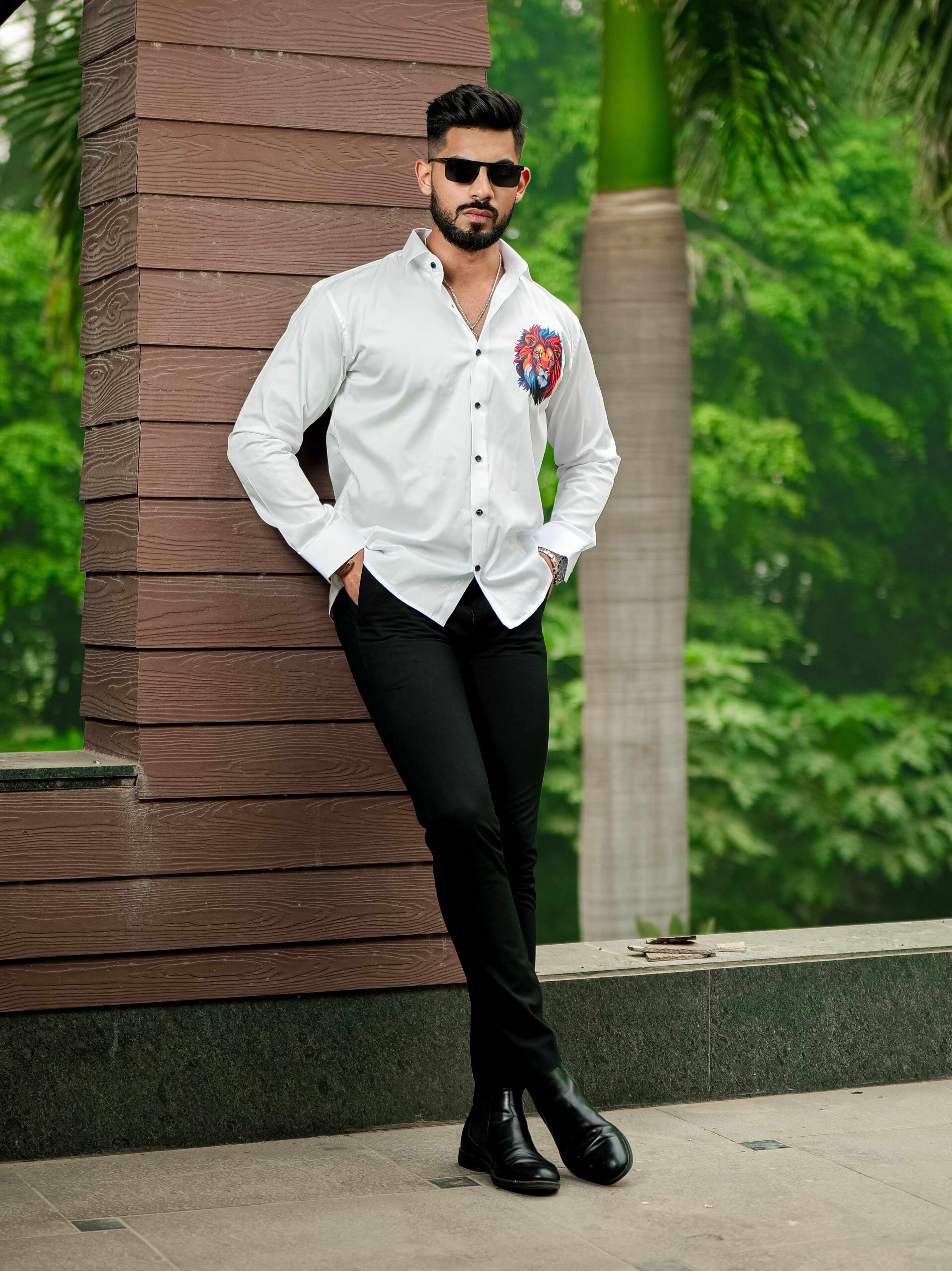 White Club Wear Printed Satin Cotton Shirt For Men's - Image 6