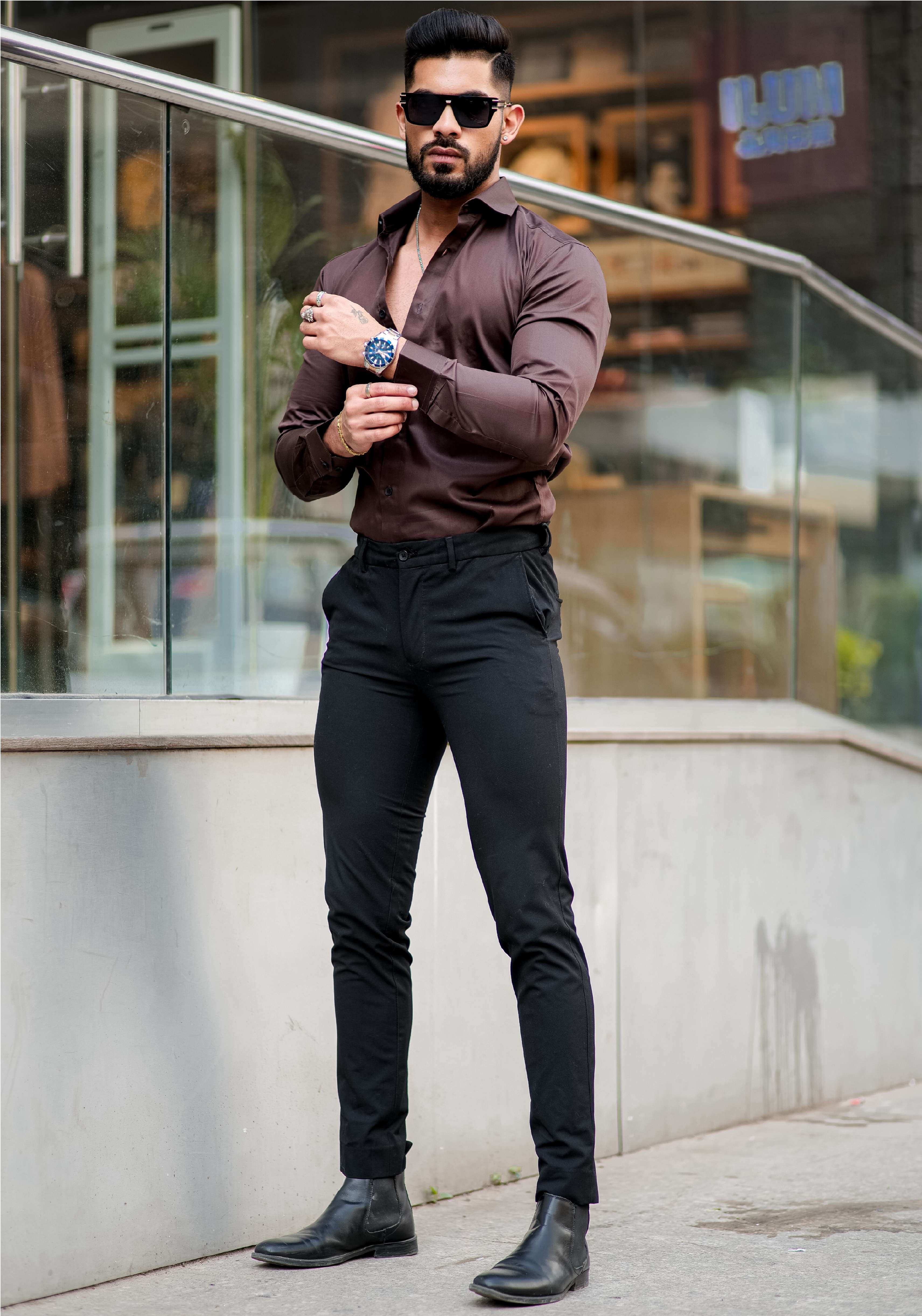Formy Woody Brown Luxury Formal Satin Cotton Shirt For Men's - Image 3