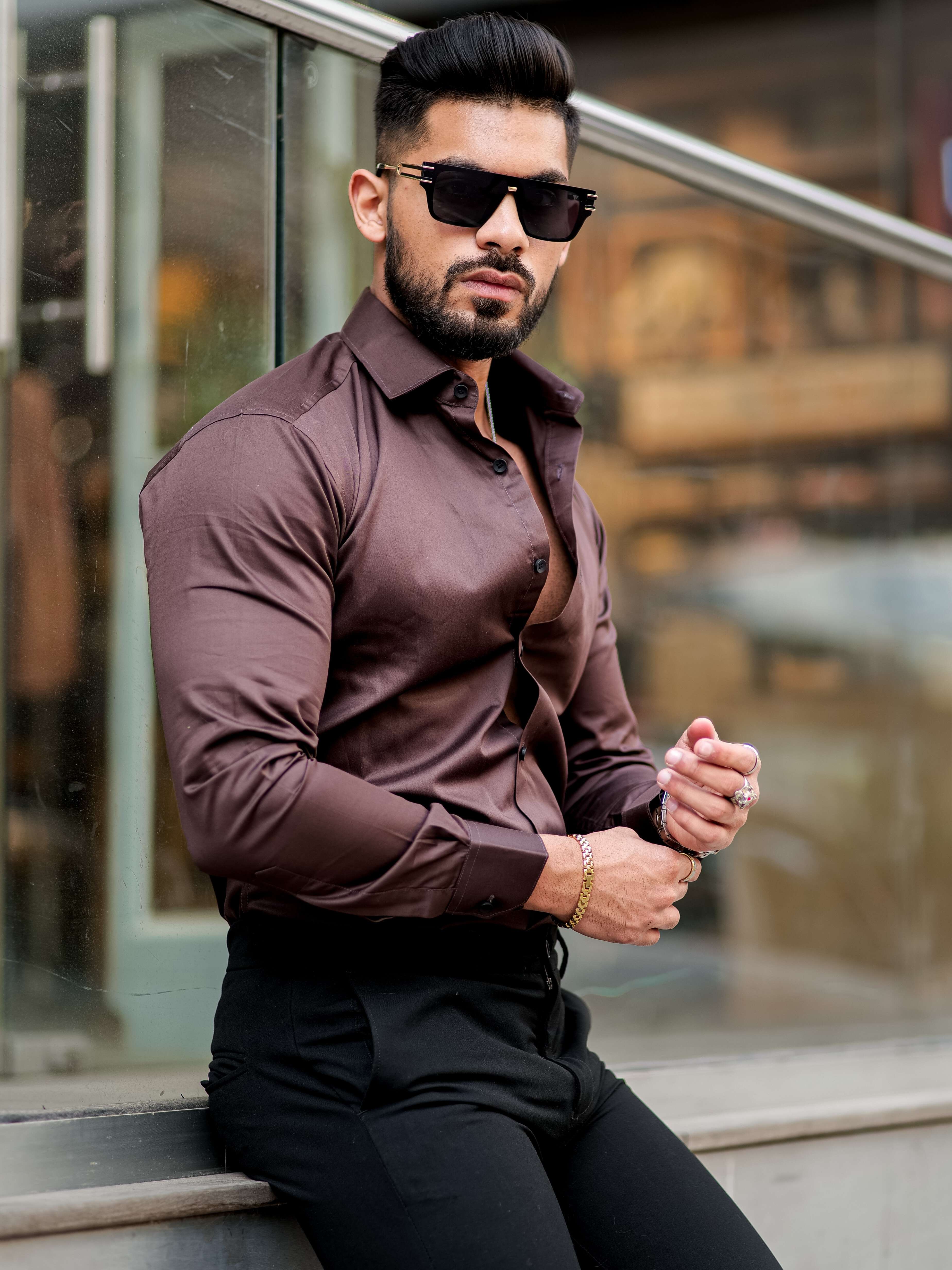 Formy Woody Brown Luxury Formal Satin Cotton Shirt For Men's - Image 4