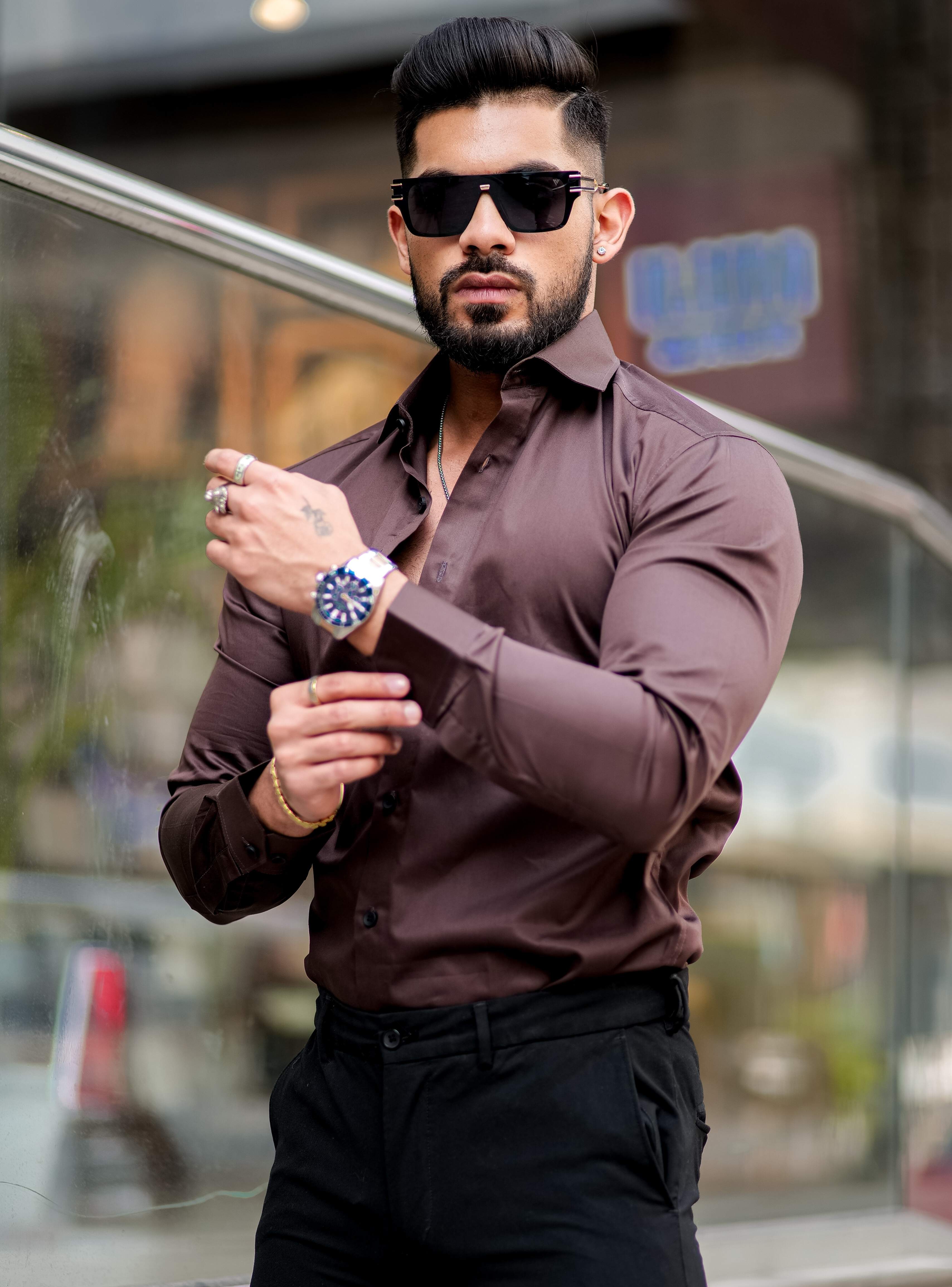 Formy Woody Brown Luxury Formal Satin Cotton Shirt For Men's - Image 5