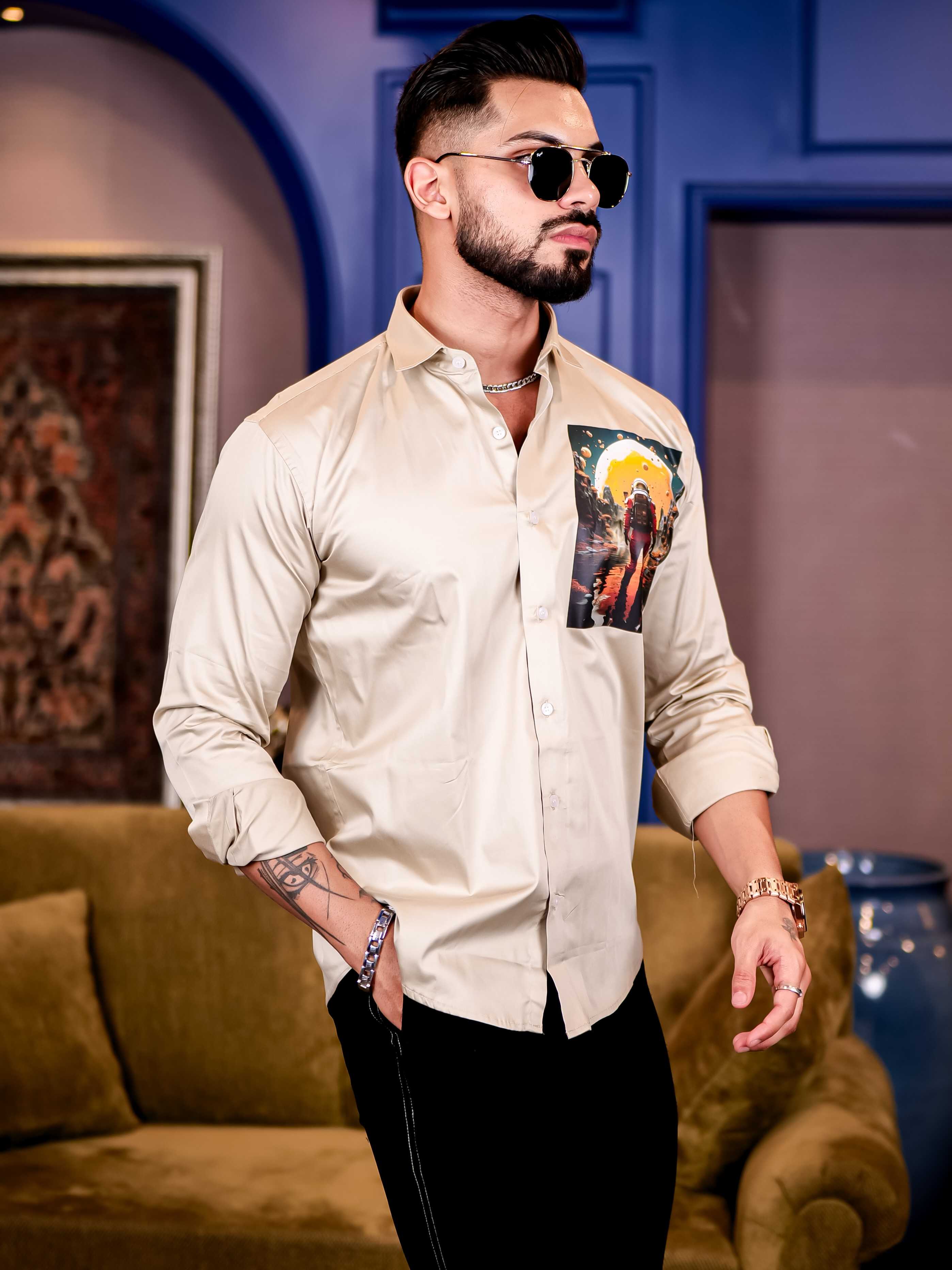 Cream Club Wear Lost in Space Printed Satin Cotton Shirt - Image 6