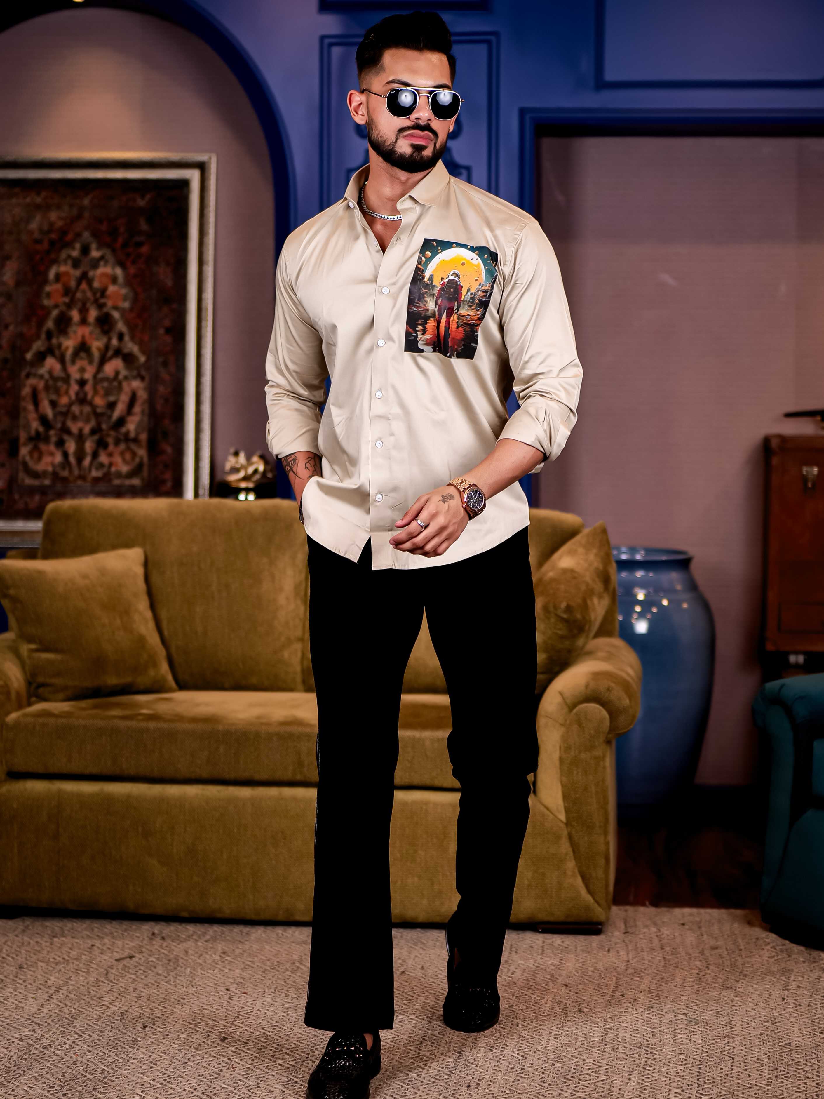 Cream Club Wear Lost in Space Printed Satin Cotton Shirt - Image 8