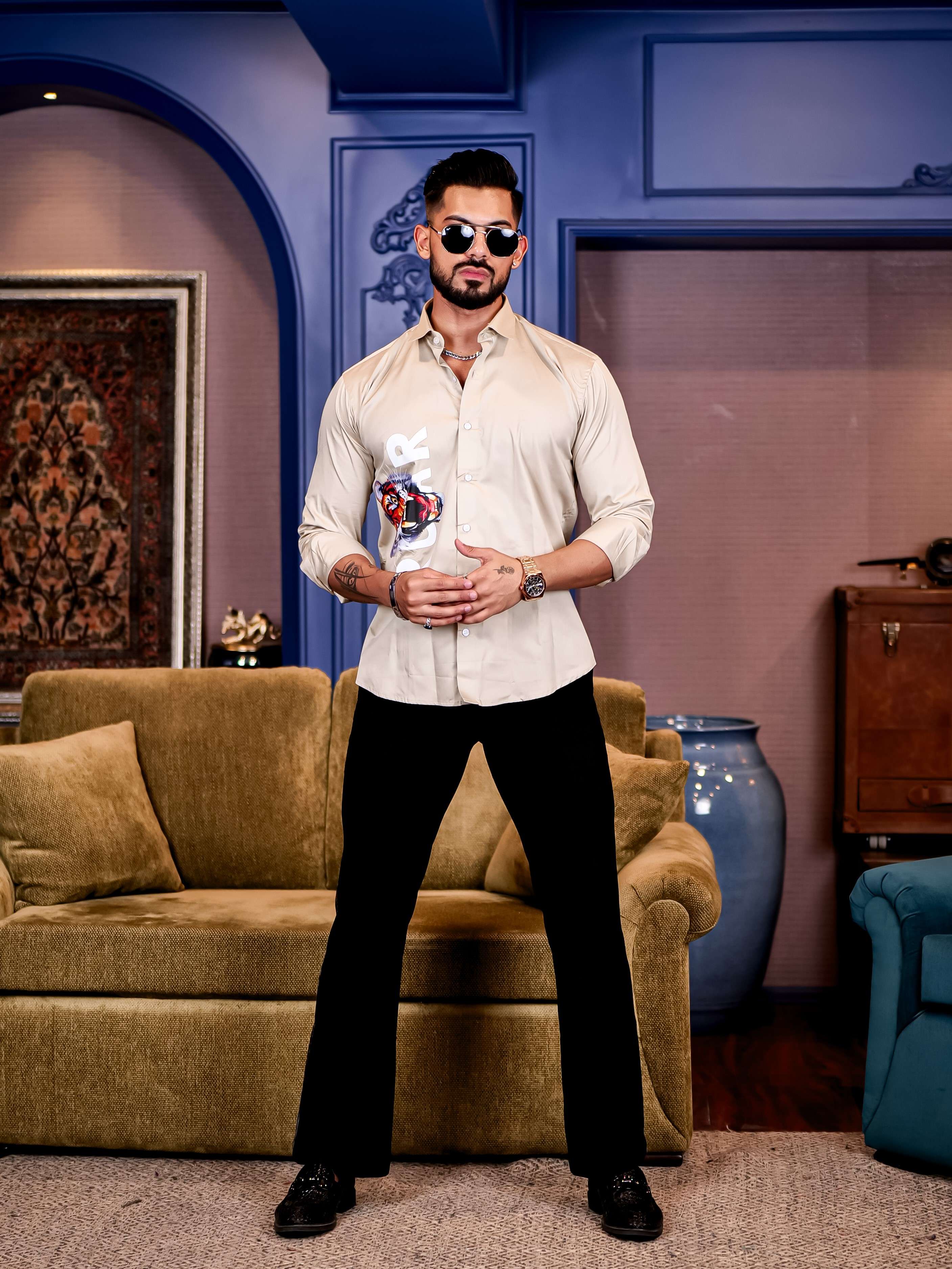 Cream Club Wear Roar Tiger Printed Satin Cotton Shirt - Image 8