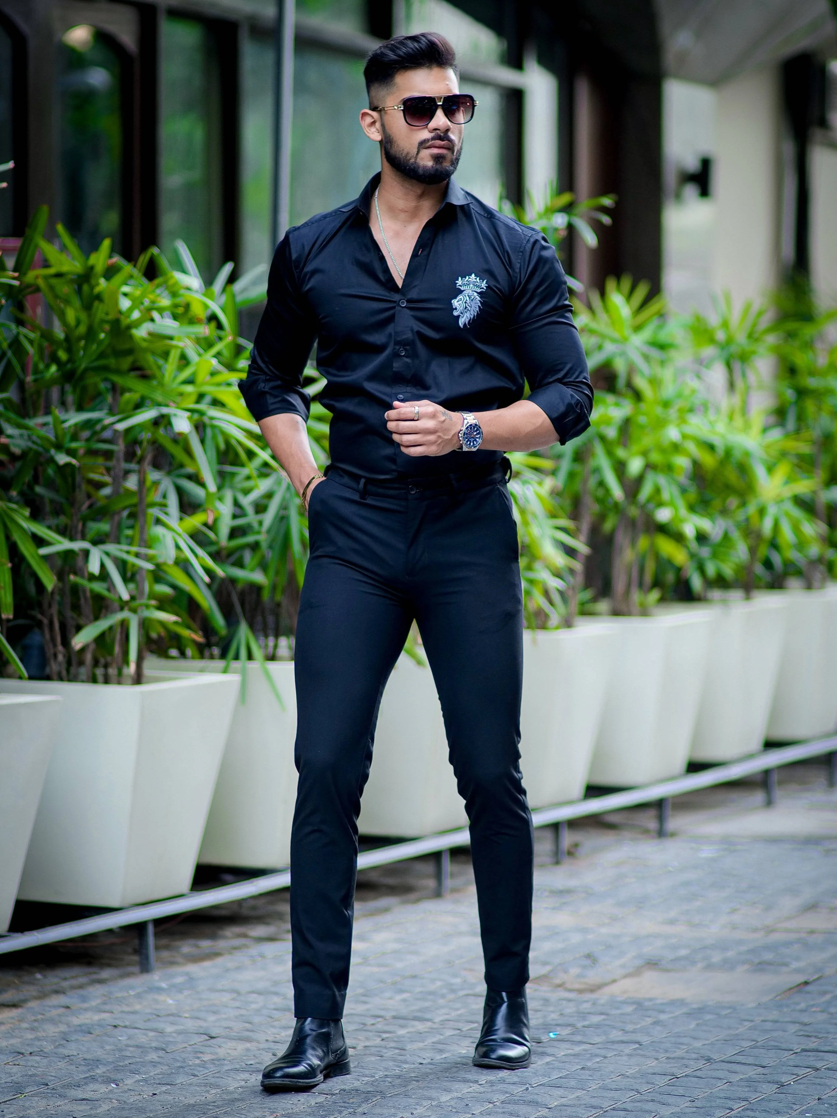 Crown With Lion Embroidered Black Premium Designer Shirt - Image 3