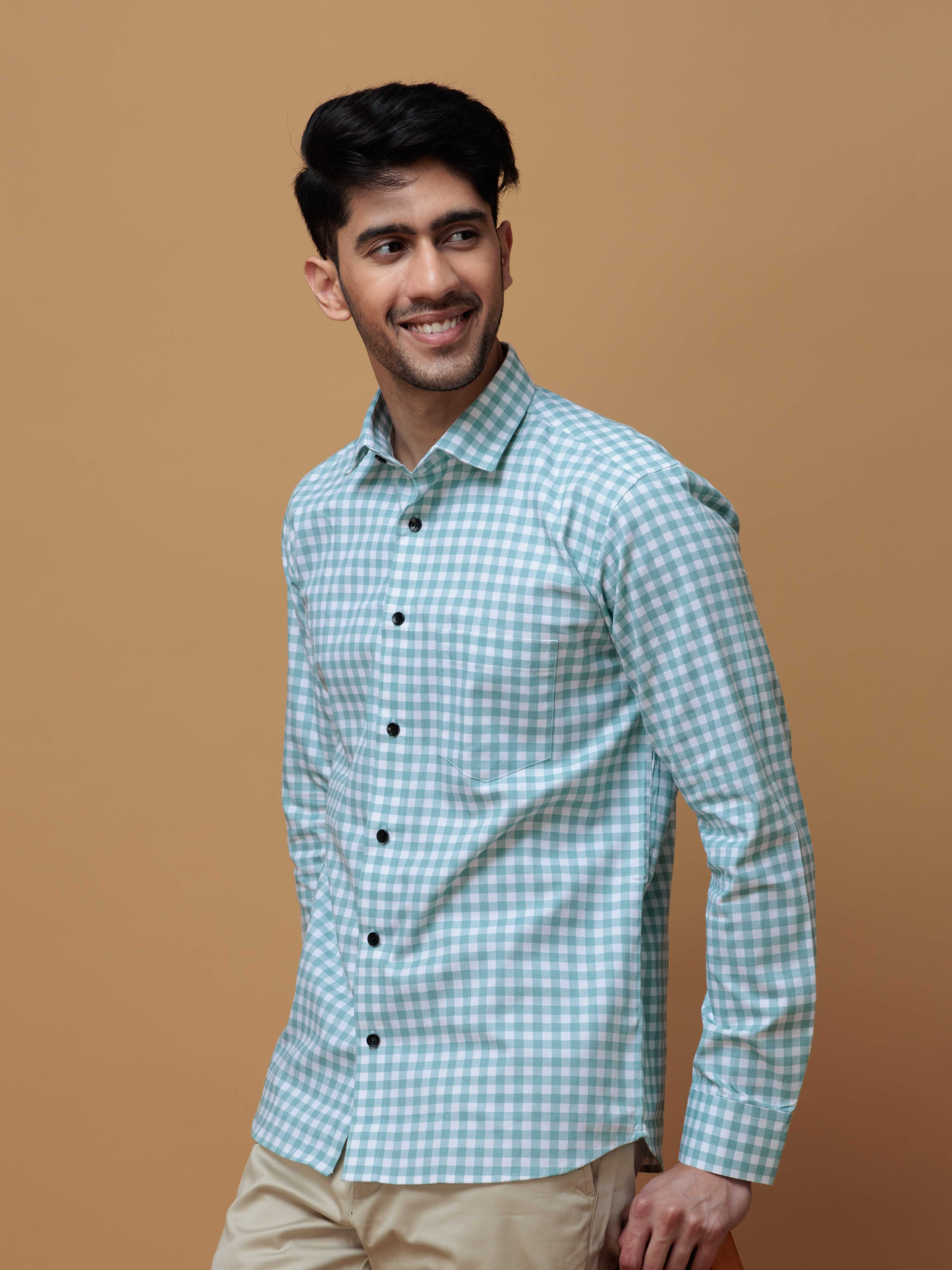 CYAN CHECKS PRINTED COTTON CASUAL SHIRT FOR MEN'S - Image 5