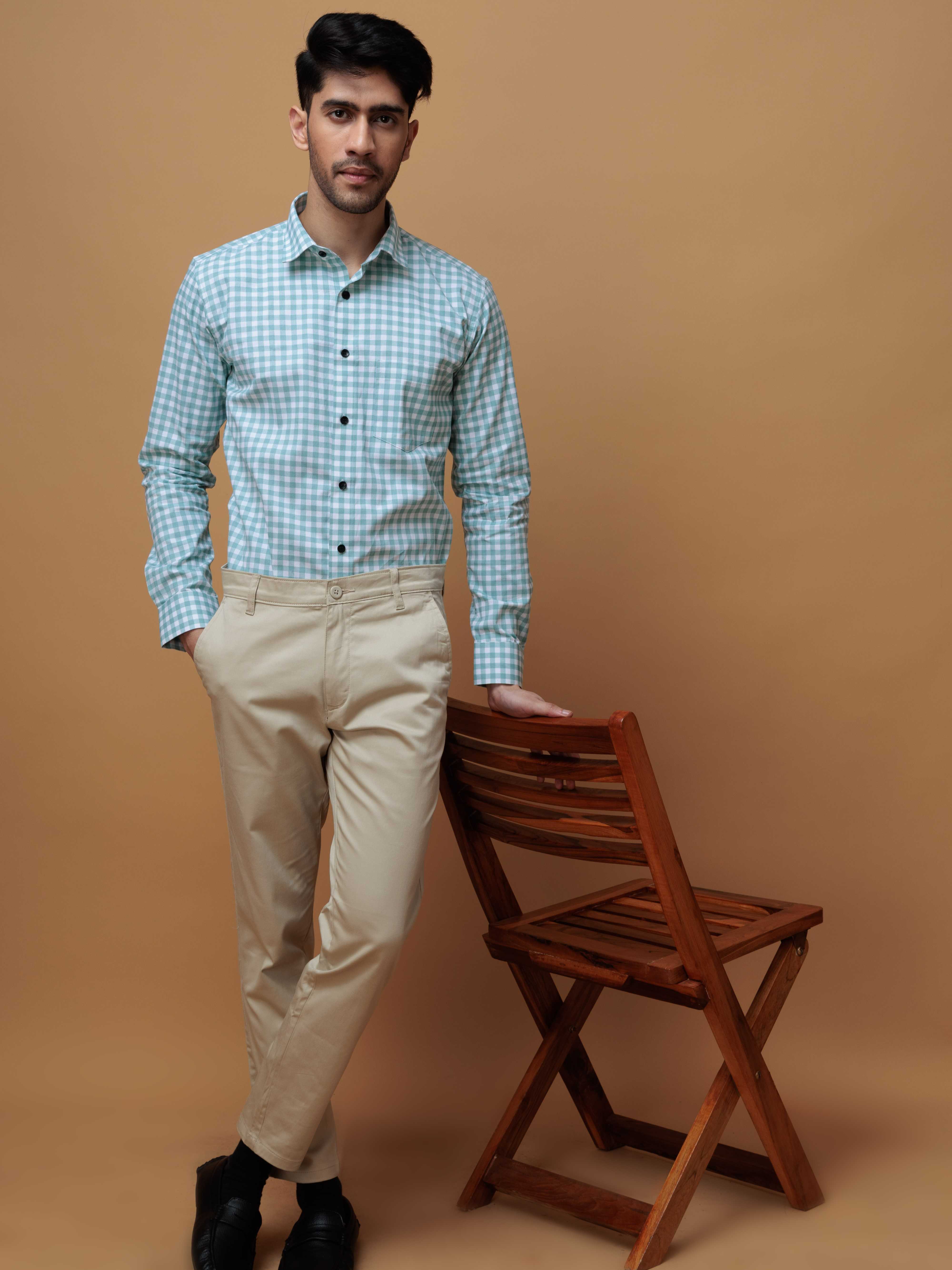 CYAN CHECKS PRINTED COTTON CASUAL SHIRT FOR MEN'S - Image 7