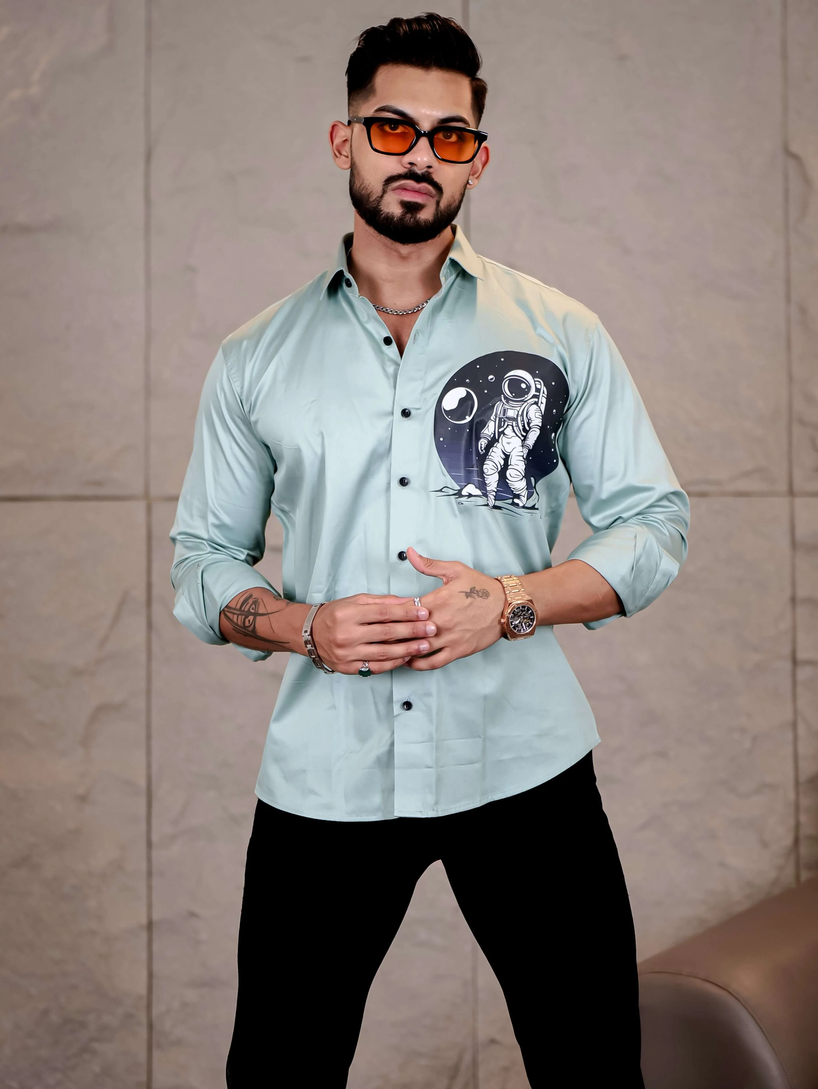 Cyan Club Wear Space Moon Printed Satin Cotton Shirt