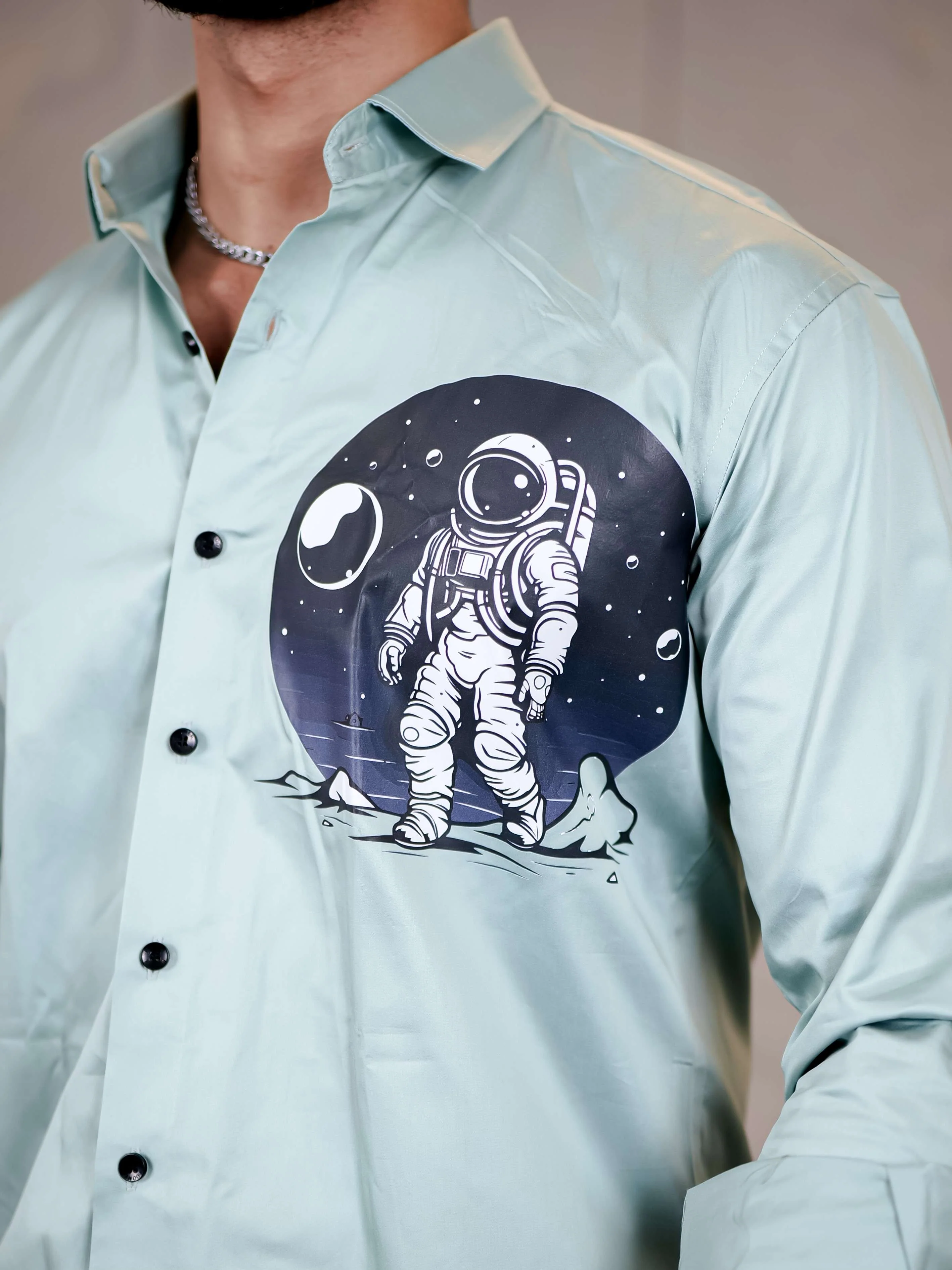Cyan Club Wear Space Moon Printed Satin Cotton Shirt - Image 2