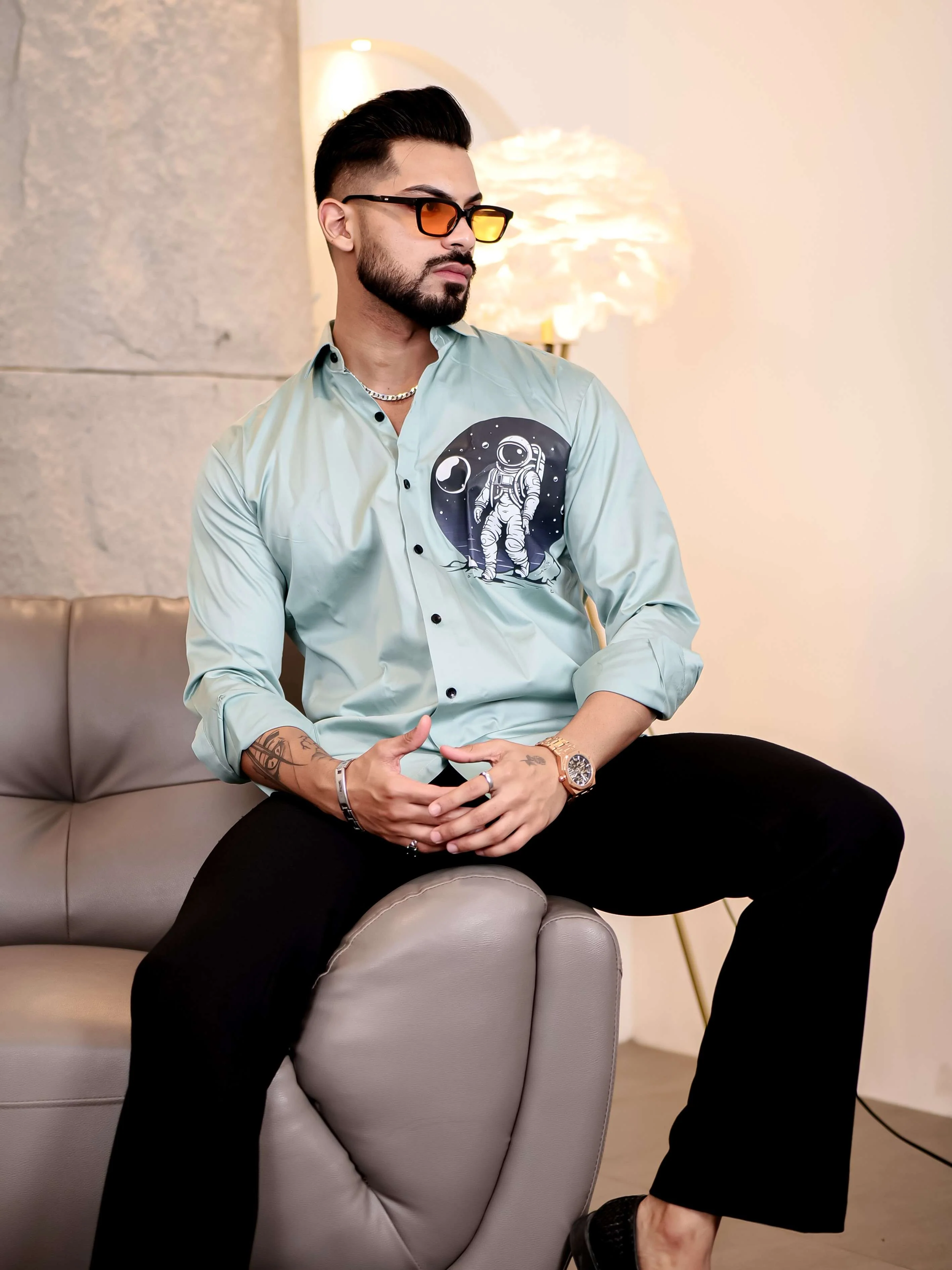 Cyan Club Wear Space Moon Printed Satin Cotton Shirt - Image 3