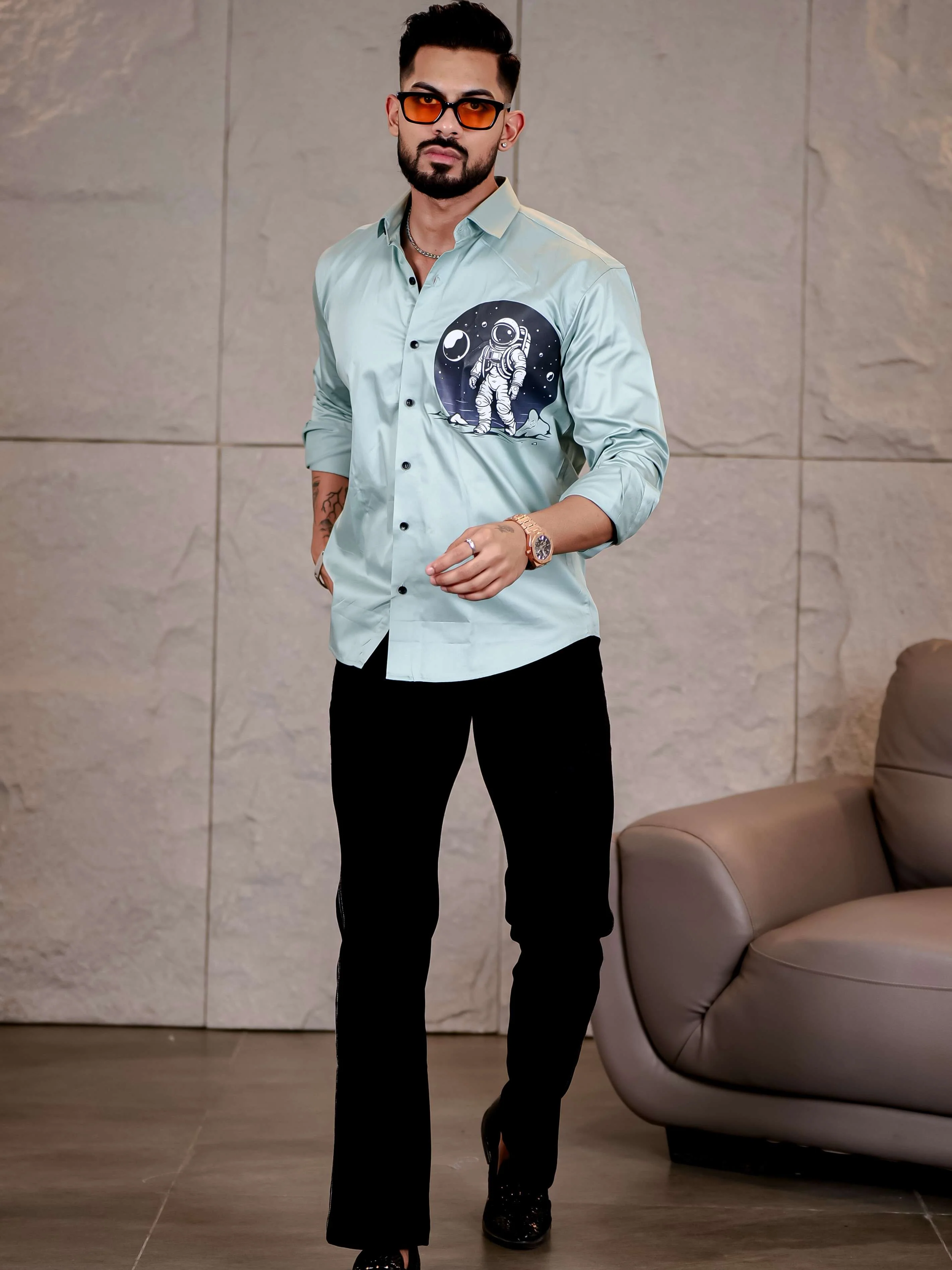 Cyan Club Wear Space Moon Printed Satin Cotton Shirt - Image 4