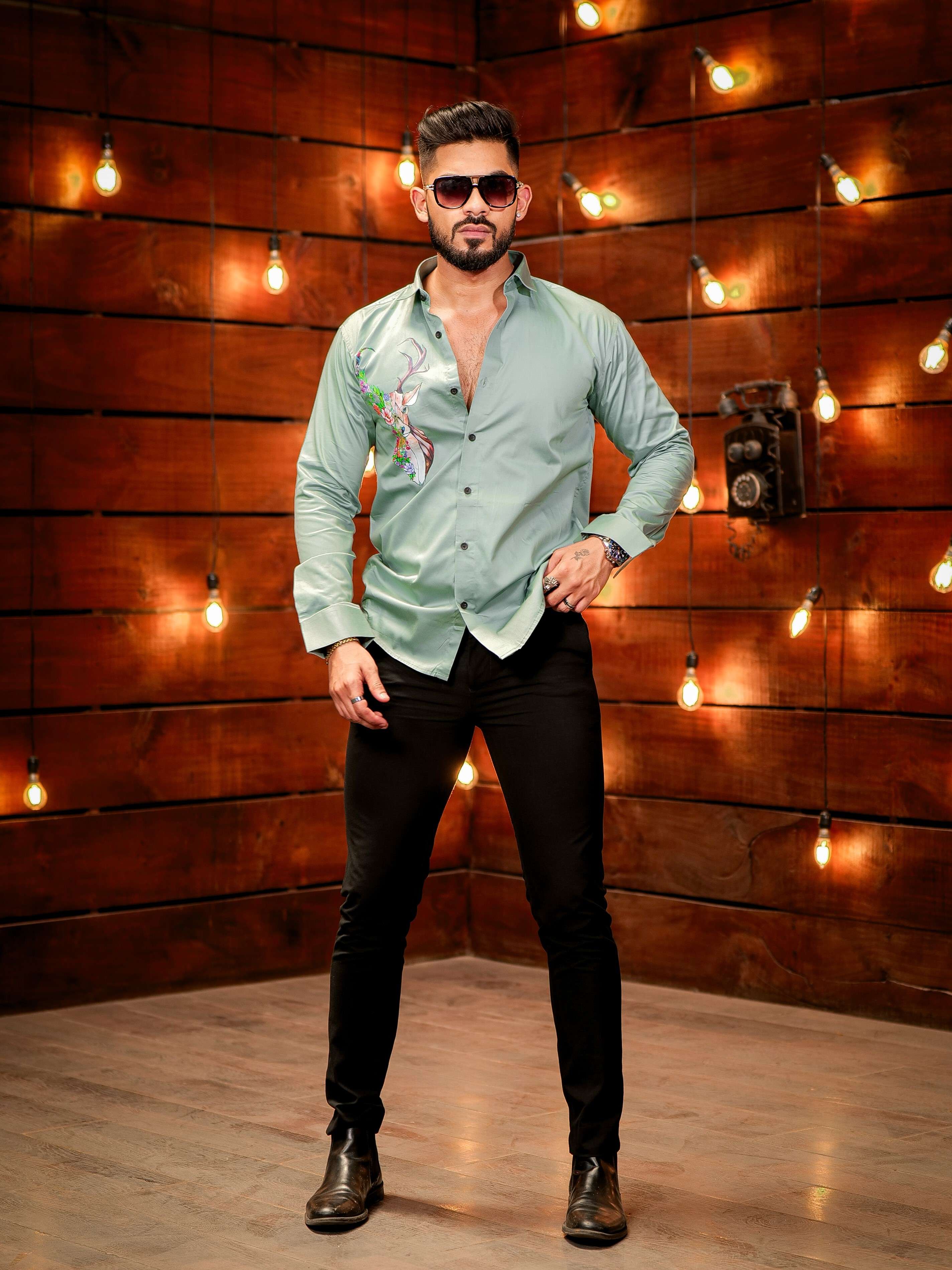 Cyan Color Deer Printed Satin Cotton Shirt - Image 3