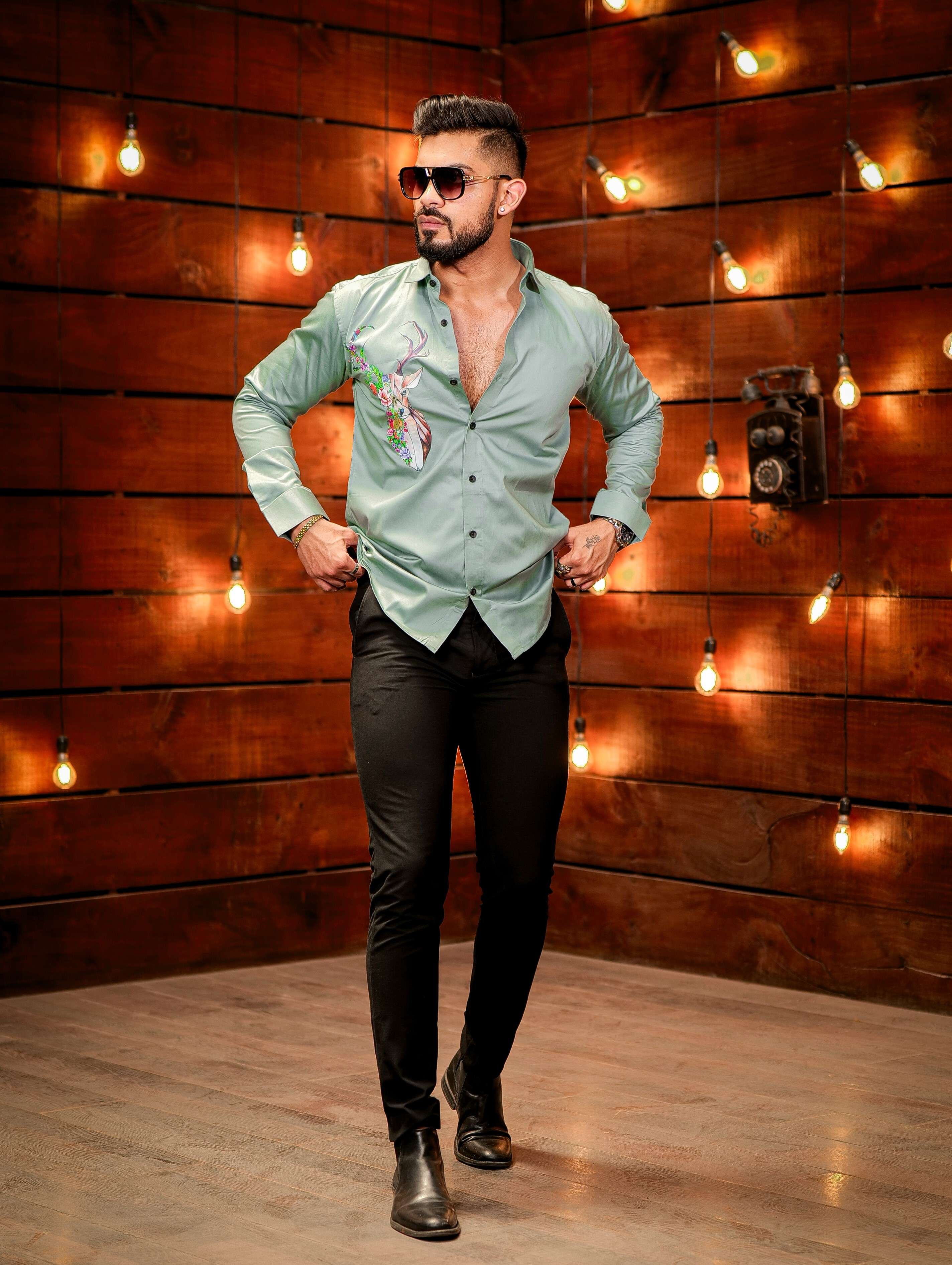 Cyan Color Deer Printed Satin Cotton Shirt - Image 5