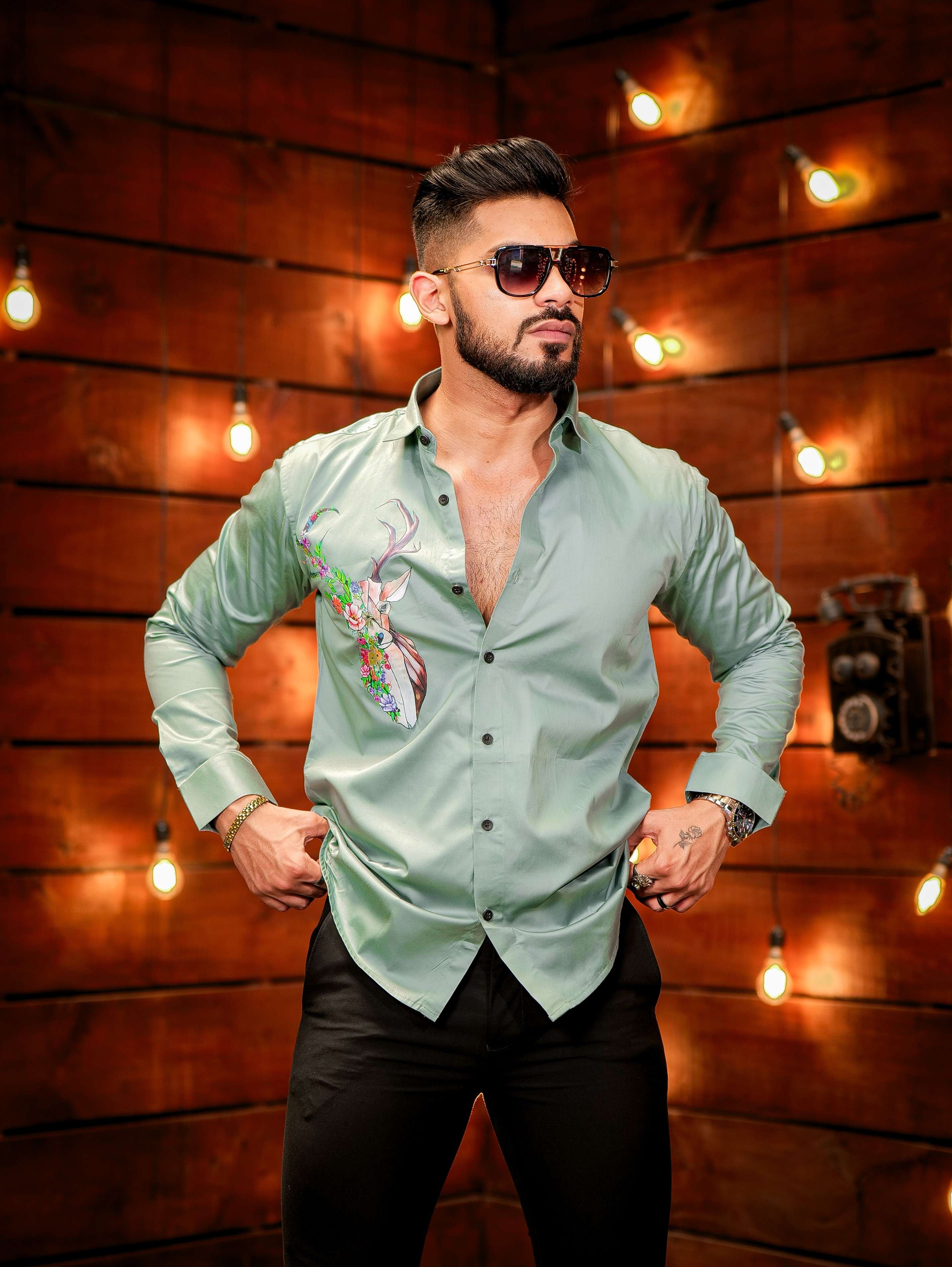 Cyan Color Deer Printed Satin Cotton Shirt - Image 6