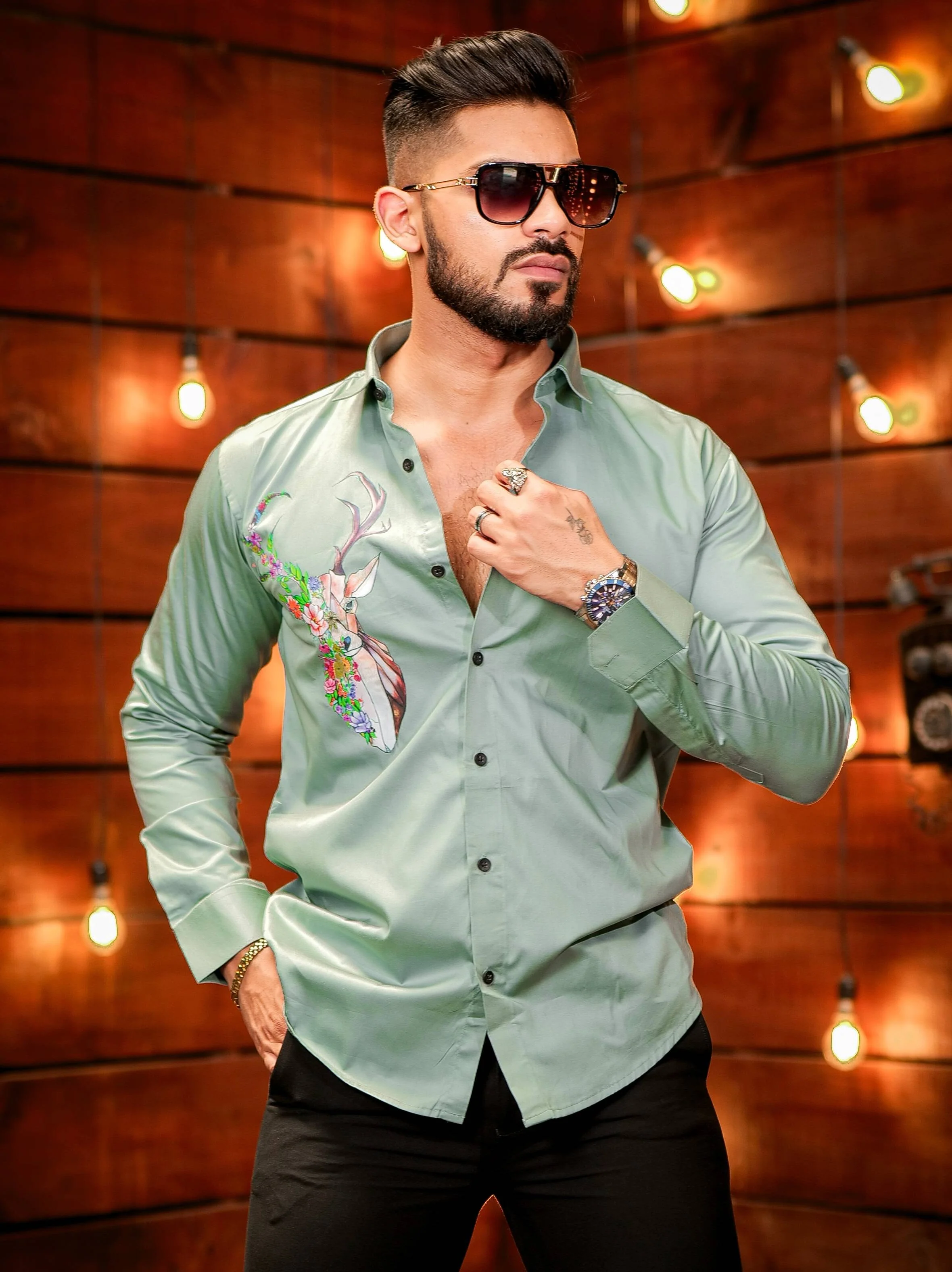 Cyan Color Deer Printed Satin Cotton Shirt - Image 7