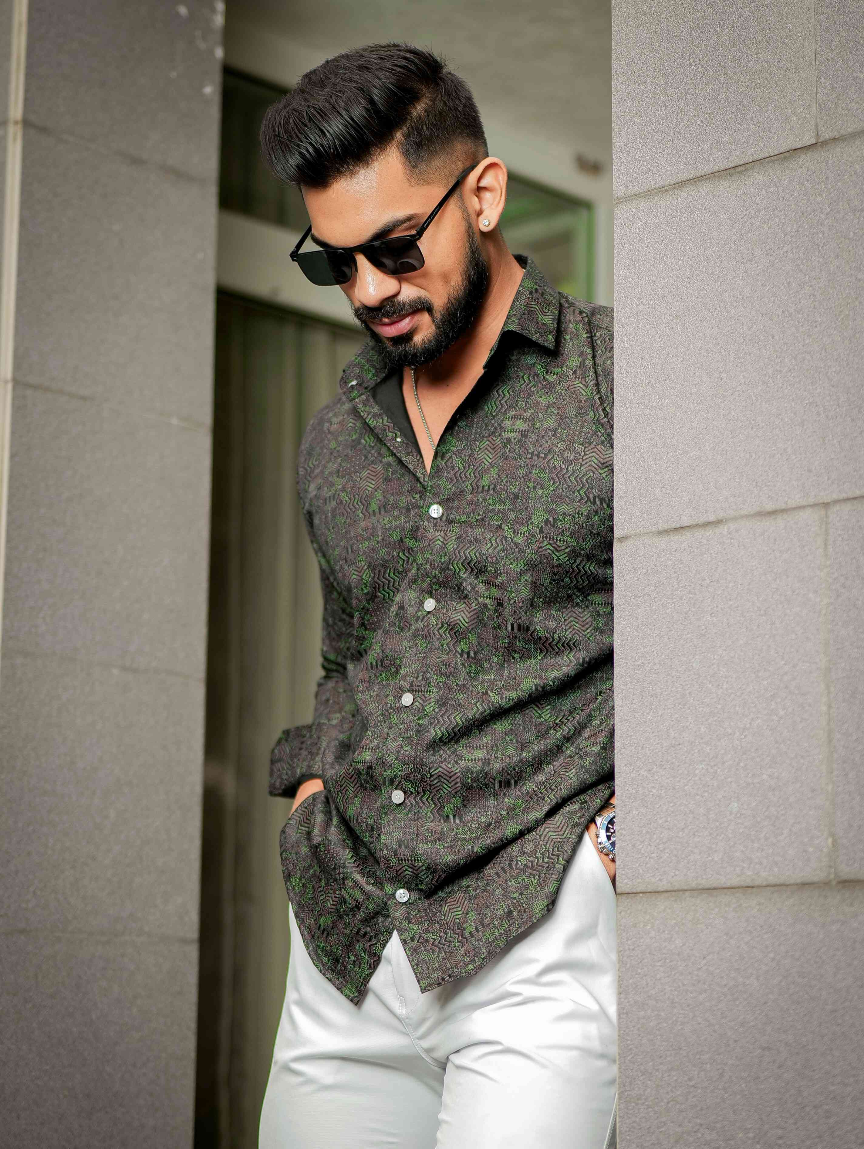 Dark Green Satin Print Premium Shirt - Image 4
