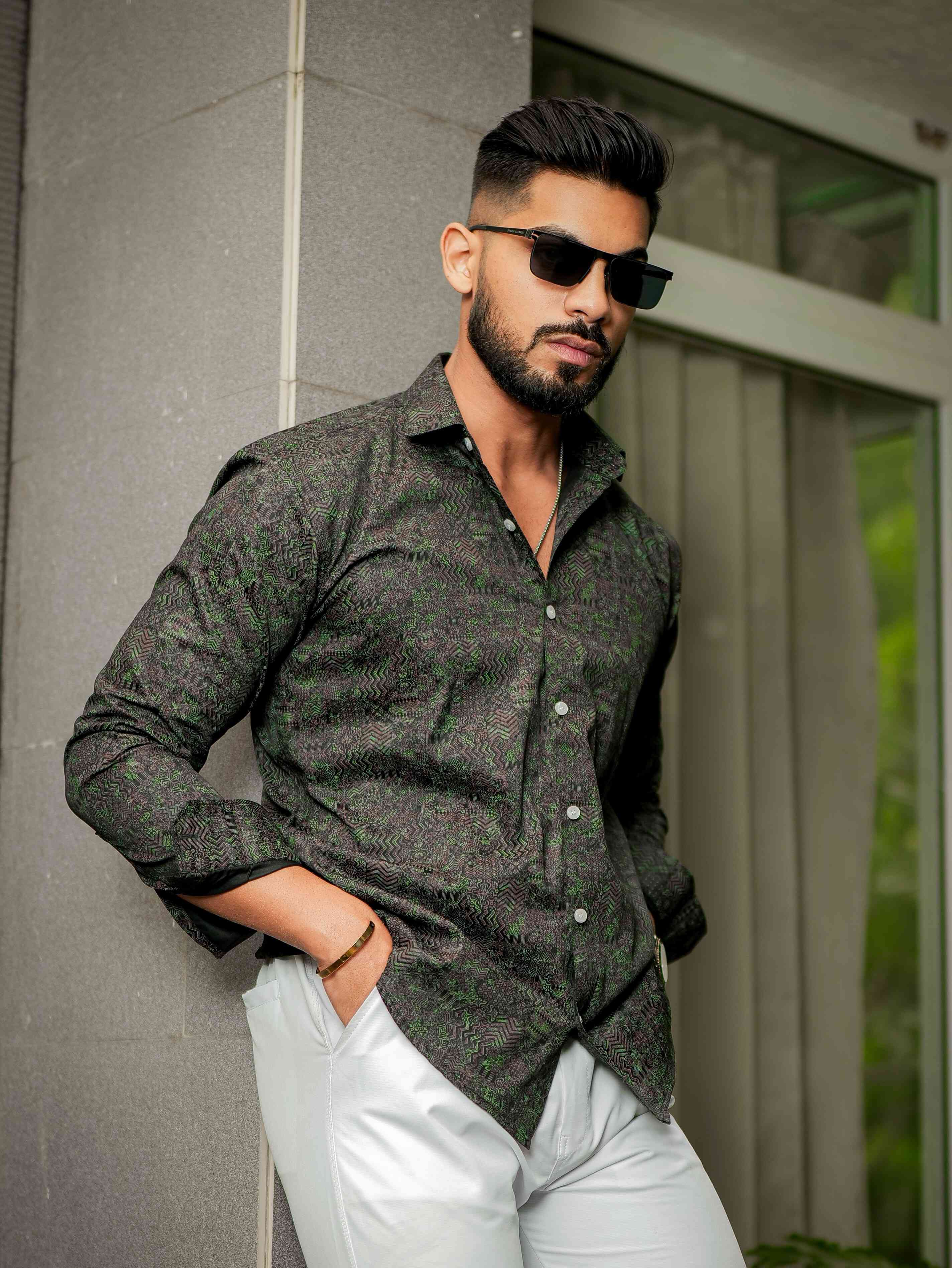 Dark Green Satin Print Premium Shirt - Image 6
