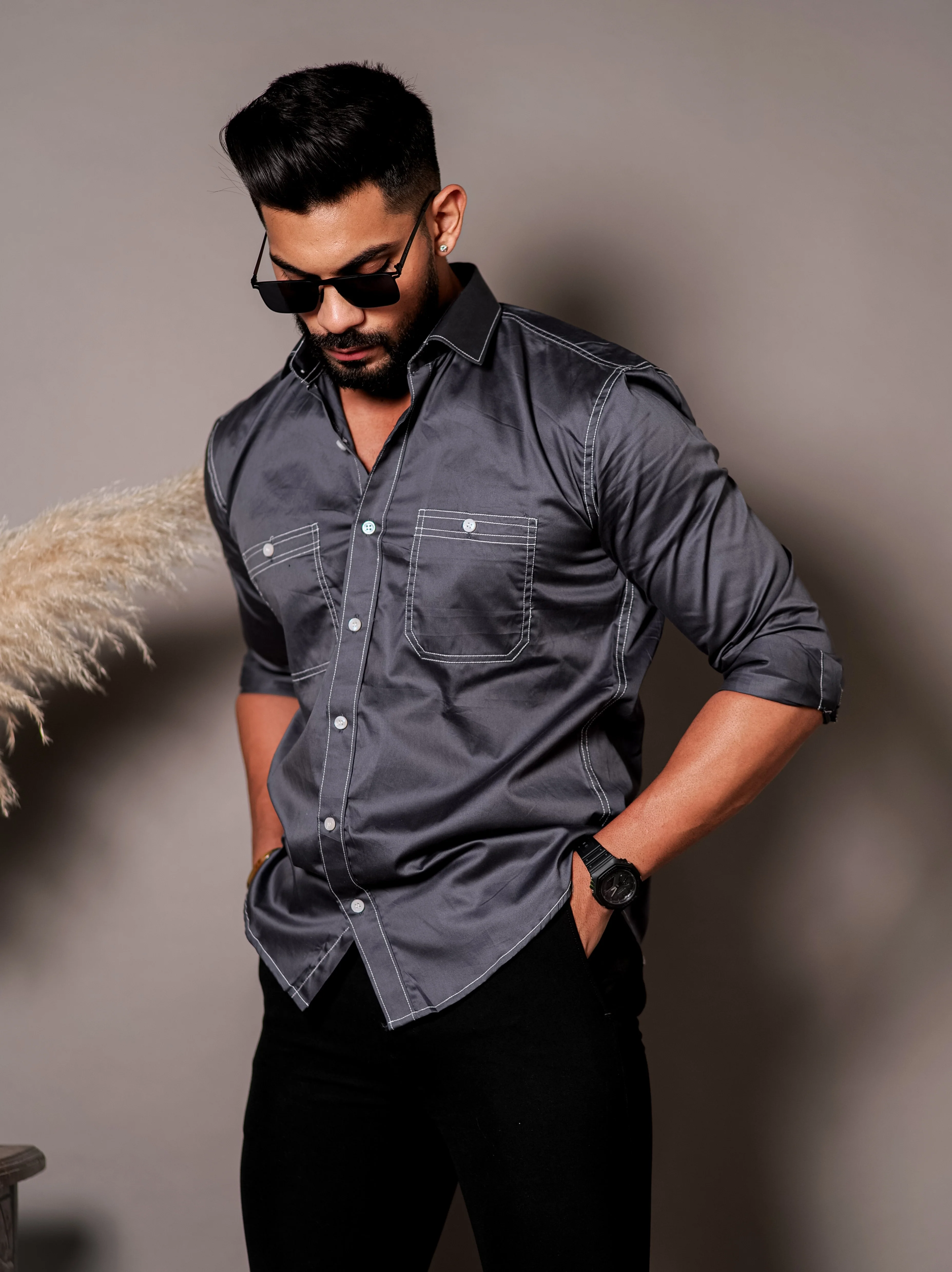 Dark Grey Designer Giza Satin Cotton Shirt - Image 3