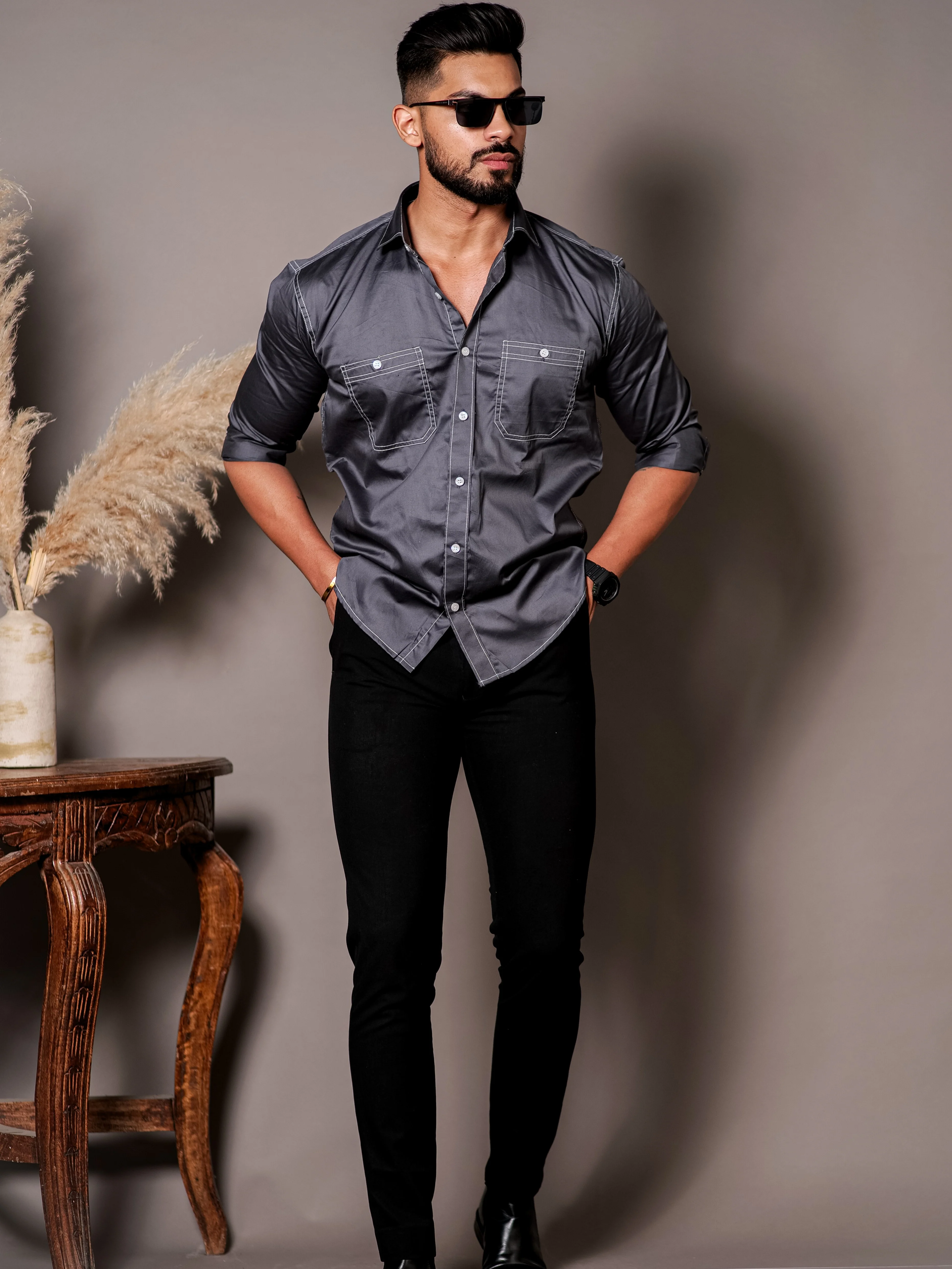 Dark Grey Designer Giza Satin Cotton Shirt - Image 4
