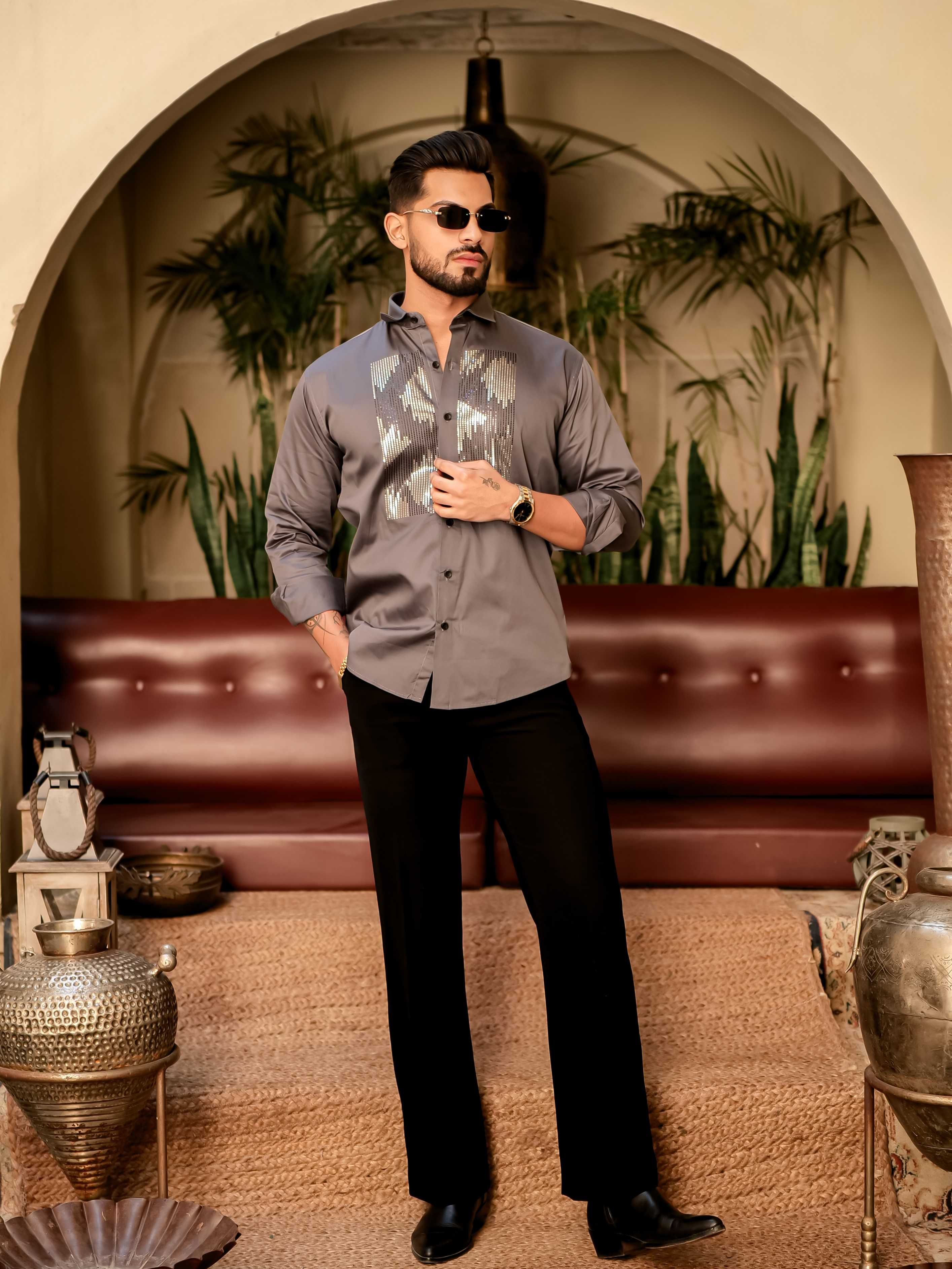 Dark Grey Sequence Club Wear Satin Cotton Party Shirt - Image 12