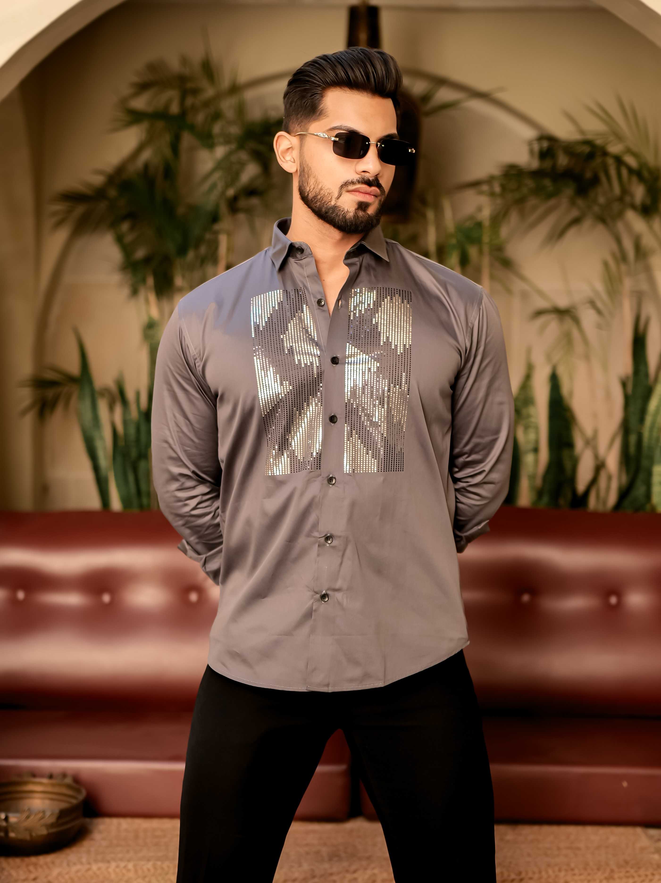 Dark Grey Sequence Club Wear Satin Cotton Party Shirt - Image 14