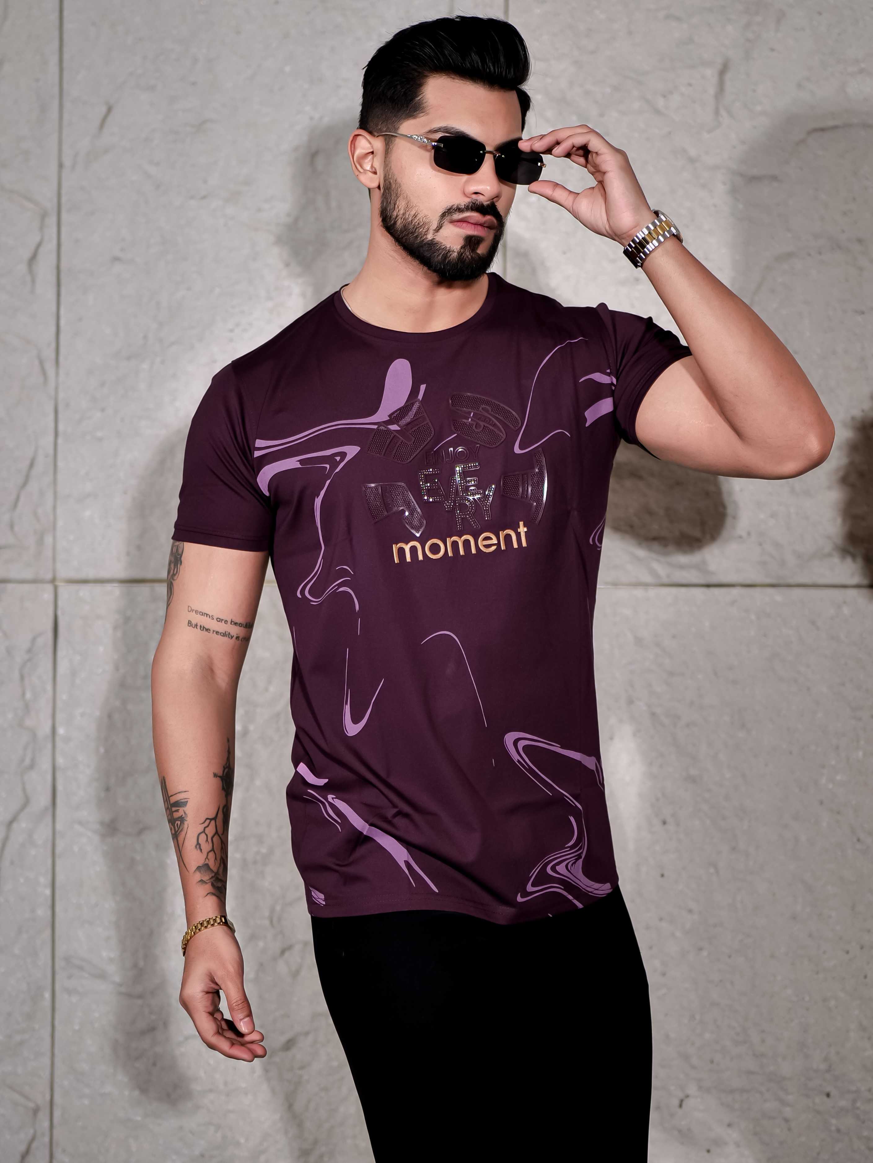 Dark Wine Round Neck Imported Cotton Half Sleeve Premium Designer T-Shirt - Image 3