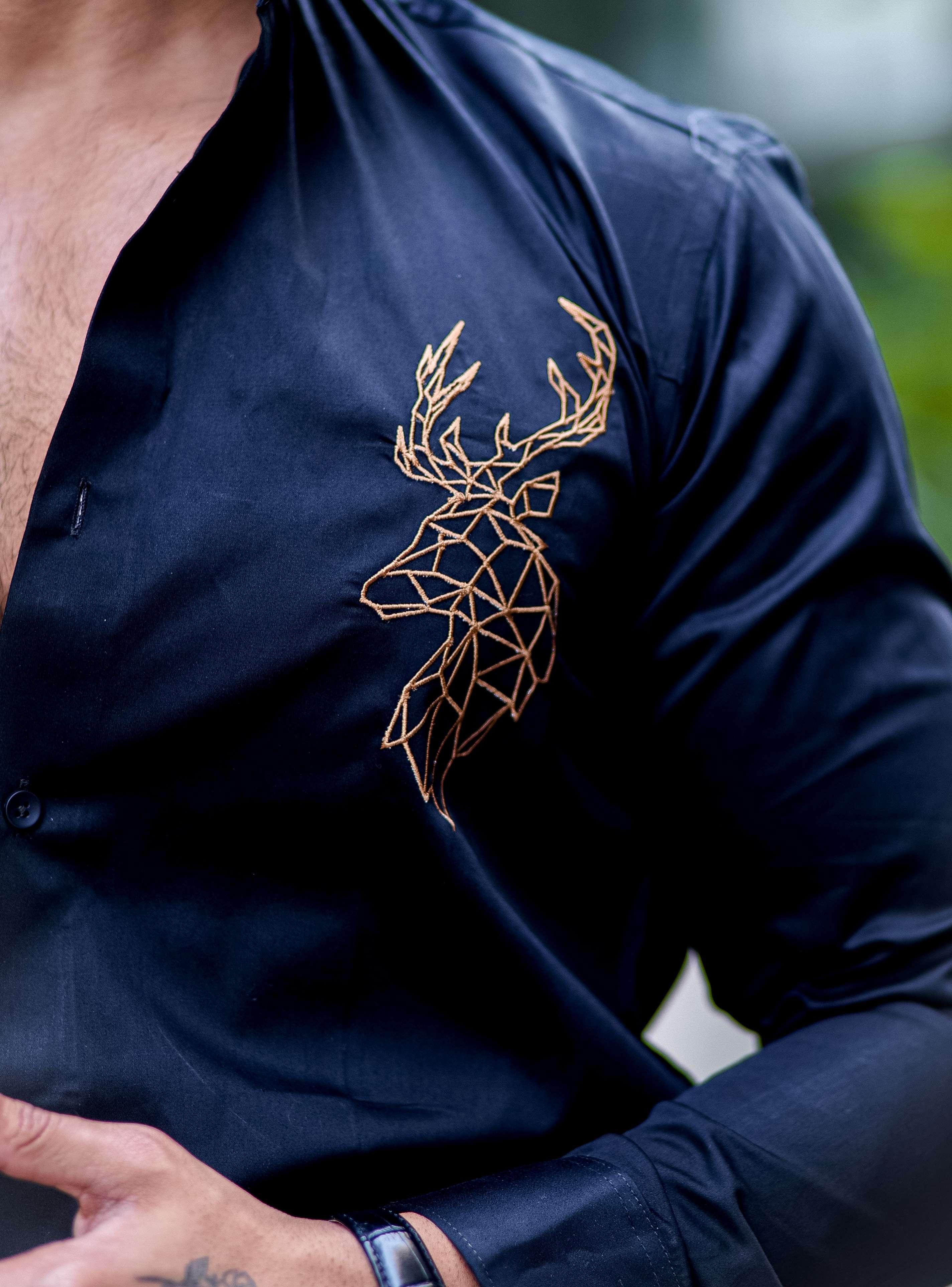 Deer Embroidered Black Golden Premium Cotton Shirt - Image 2