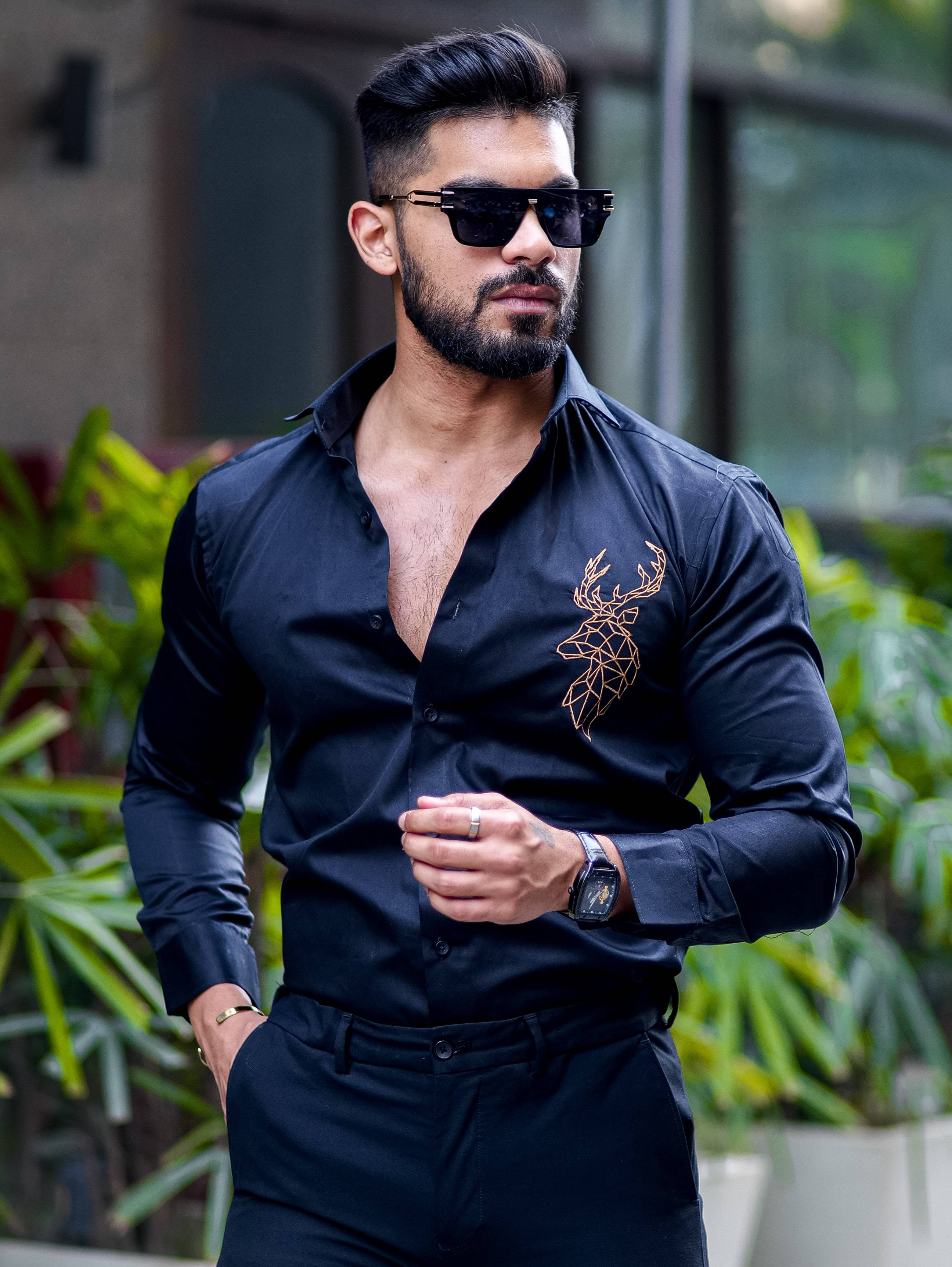Deer Embroidered Black Golden Premium Cotton Shirt - Image 4