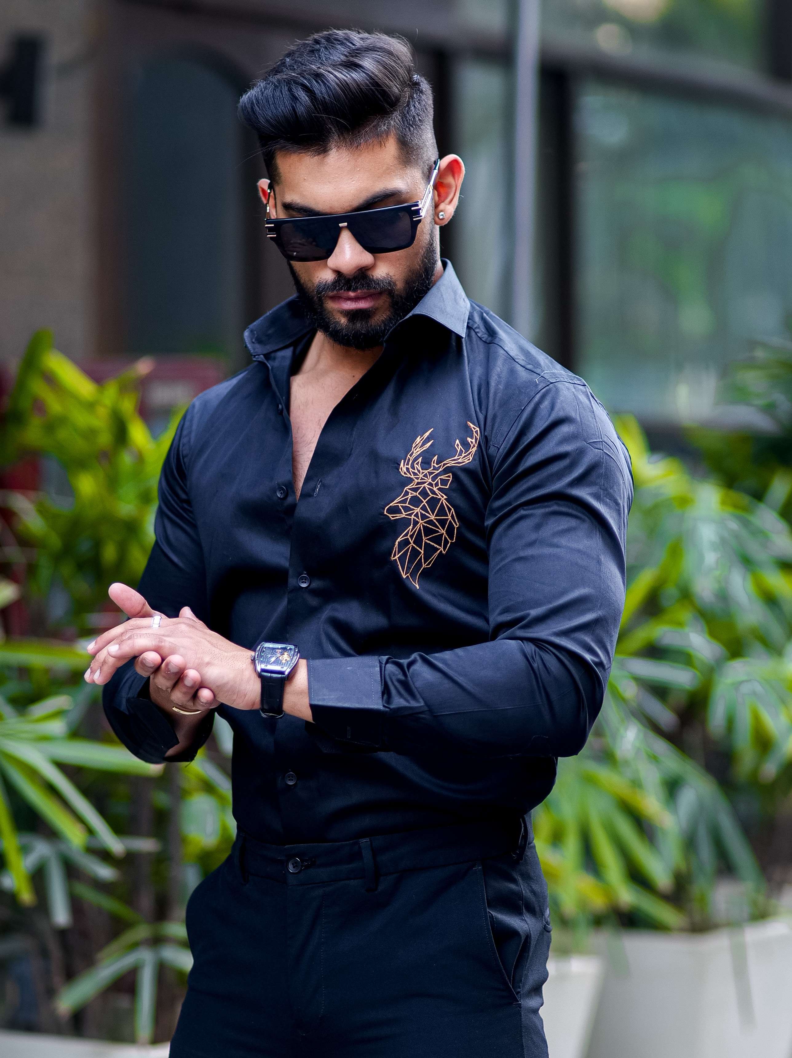 Deer Embroidered Black Golden Premium Cotton Shirt - Image 5