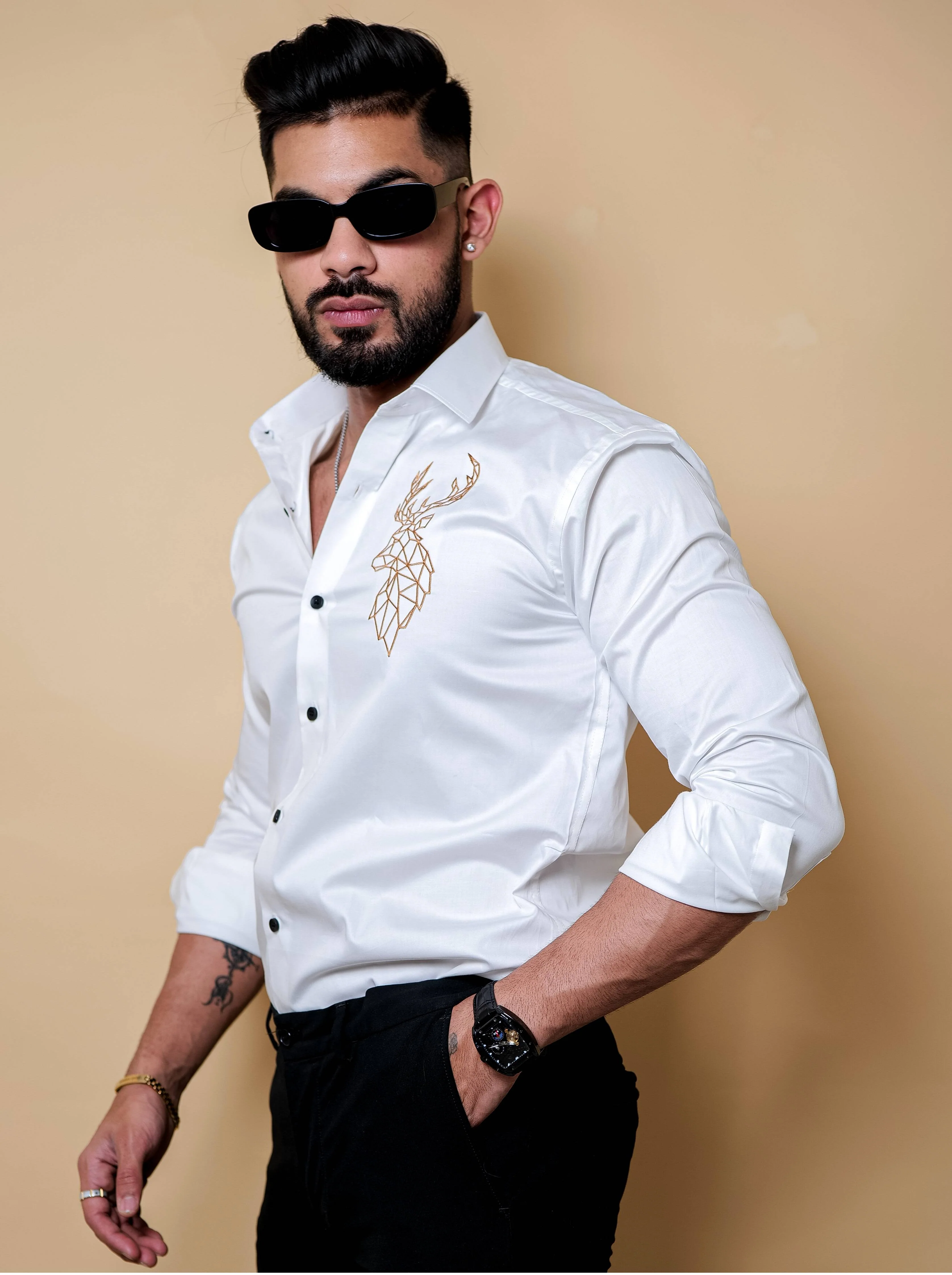 Deer Embroidered White Luxury Cotton Shirt - Image 4