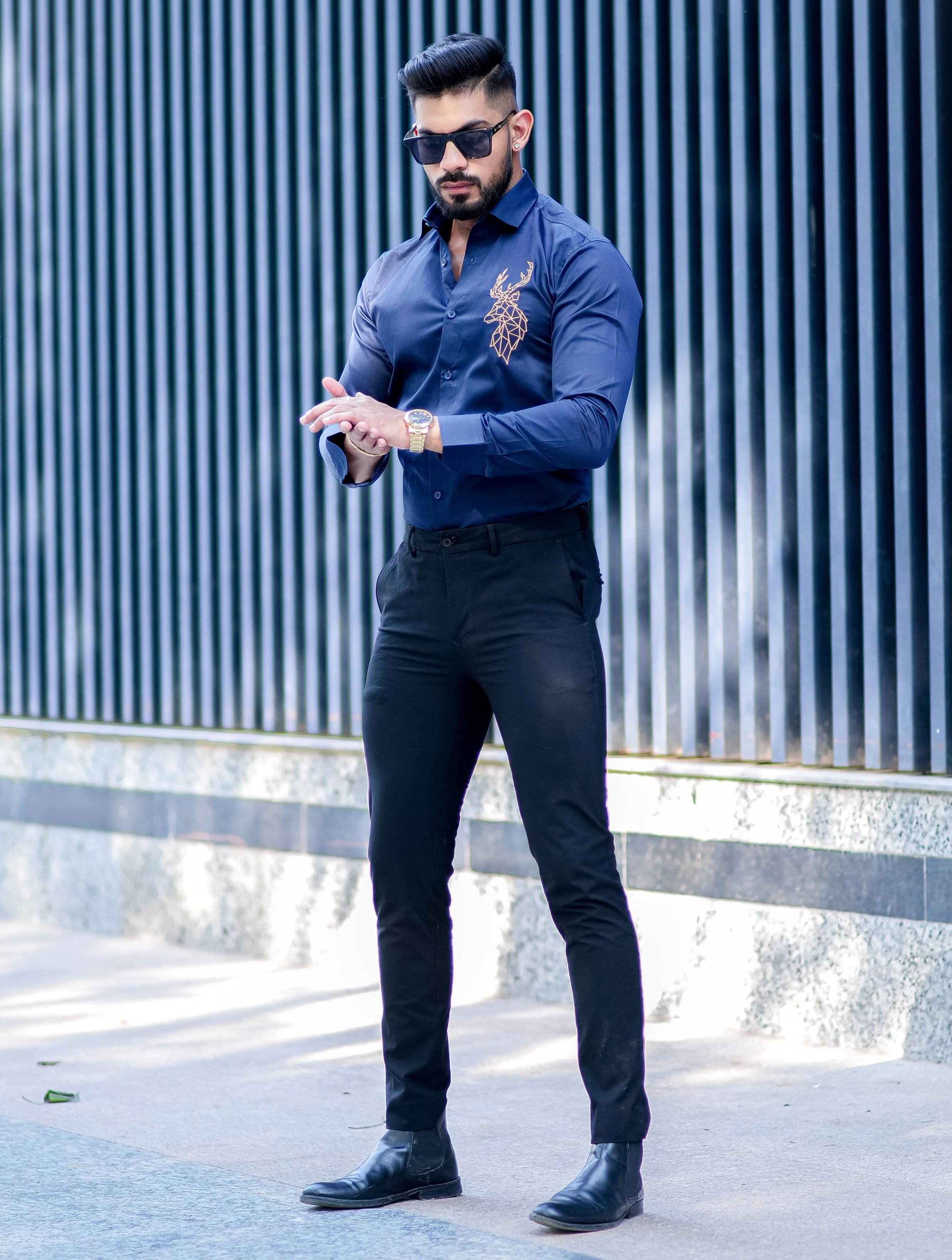 Deer Golden Embroidered Navy Blue  Premium Cotton Shirt - Image 3