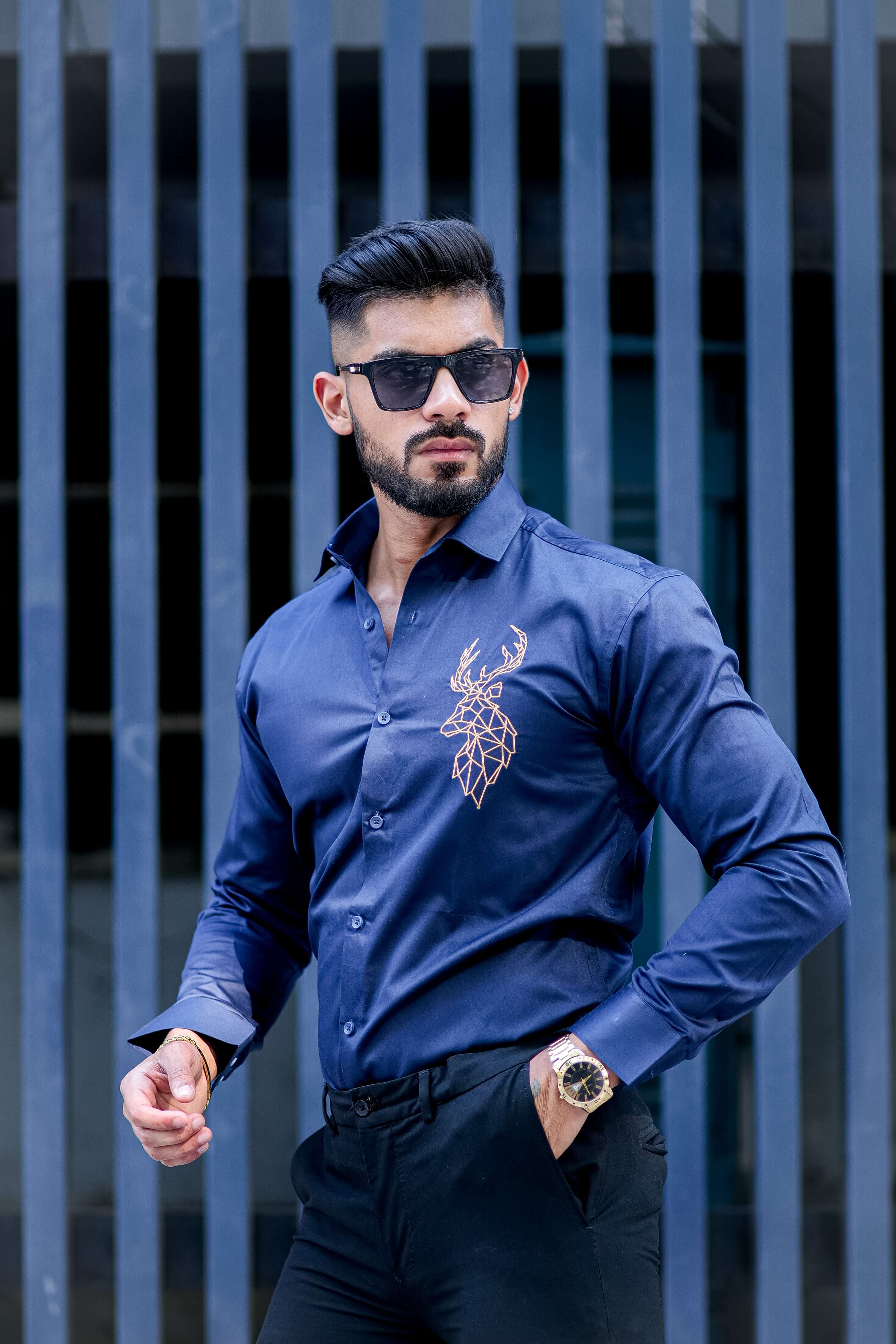 Deer Golden Embroidered Navy Blue  Premium Cotton Shirt - Image 4