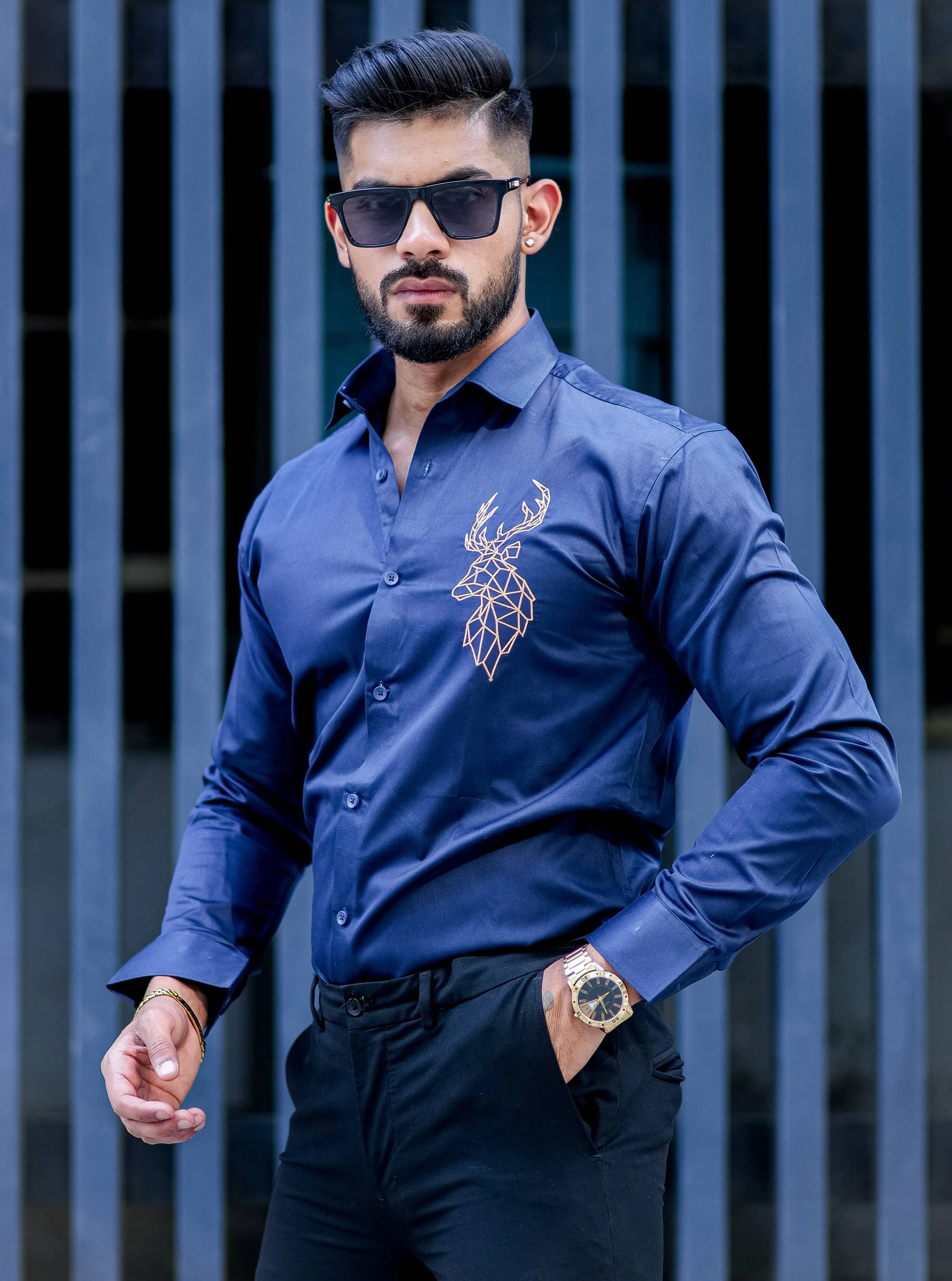 Deer Golden Embroidered Navy Blue  Premium Cotton Shirt - Image 6