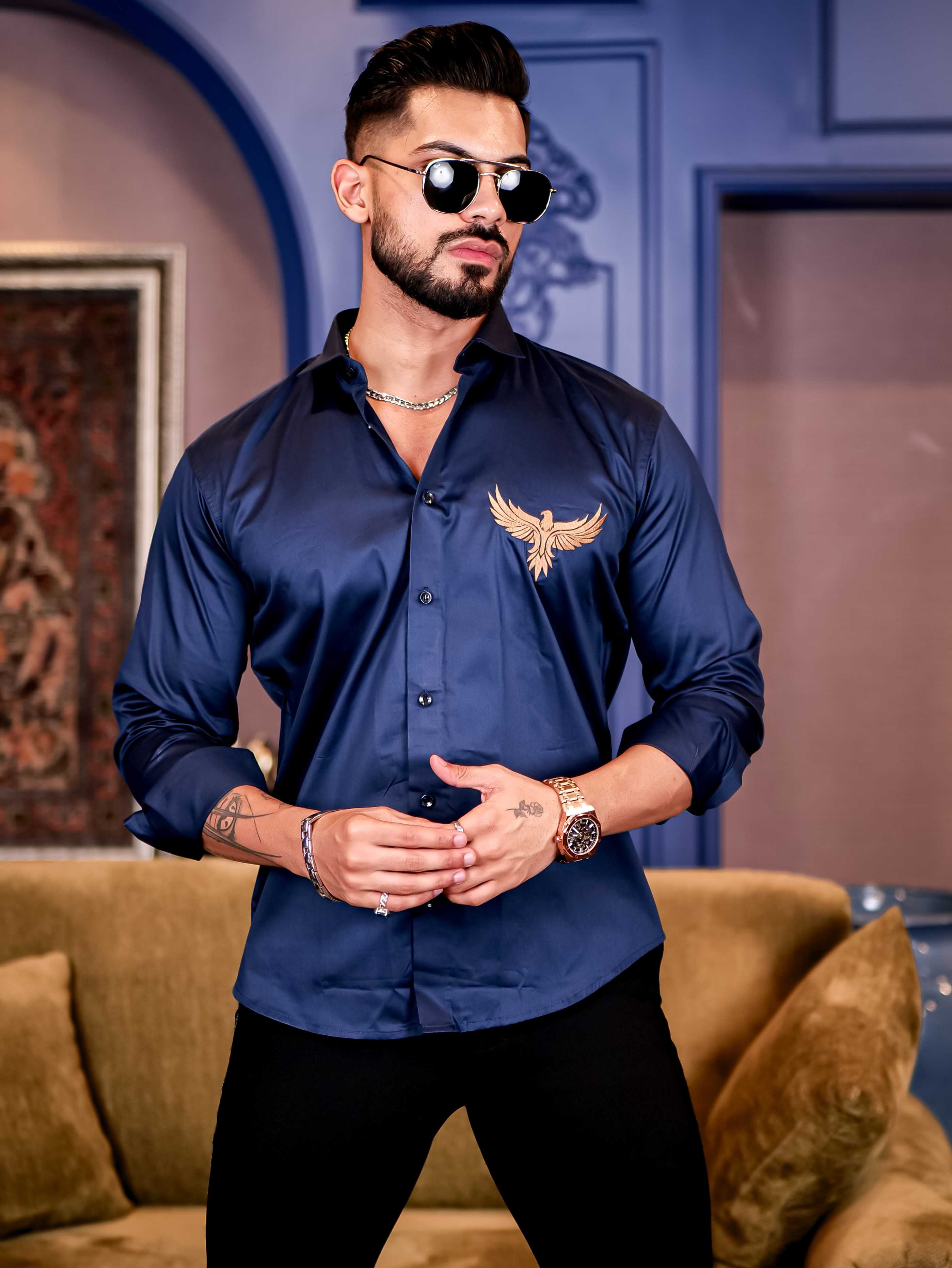 Falcon Navy Embroidered Club Wear Satin Cotton Shirt - Image 3