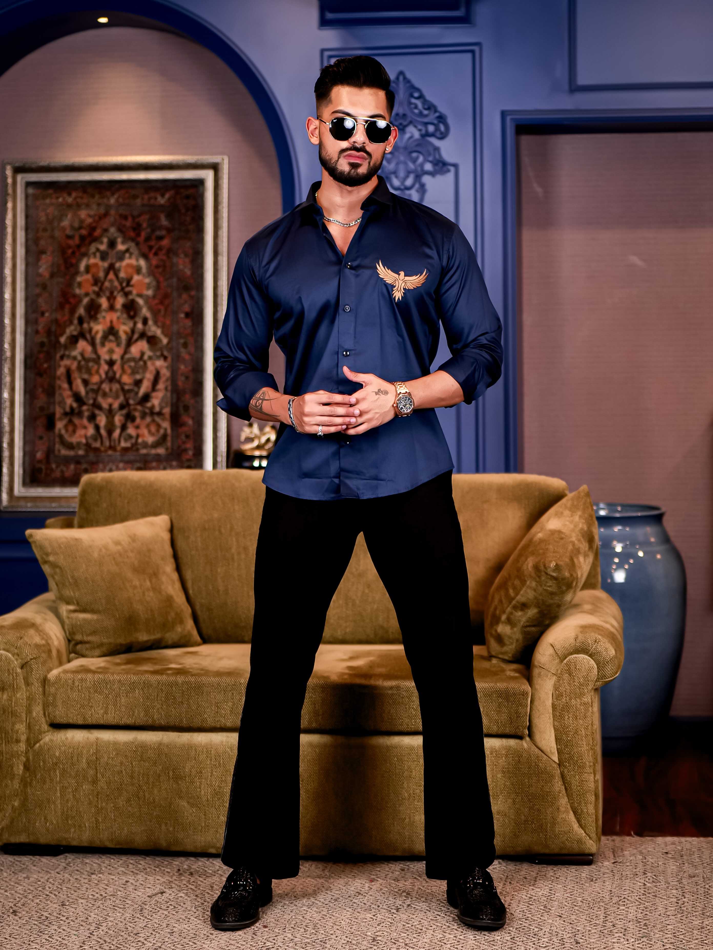 Falcon Navy Embroidered Club Wear Satin Cotton Shirt - Image 4